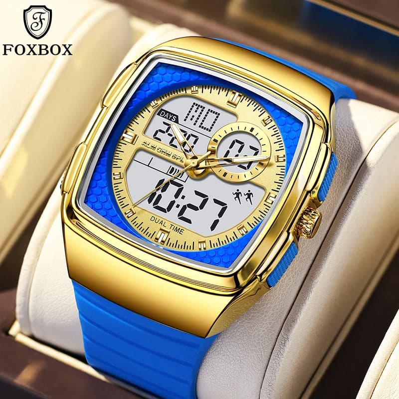 FOXBOX Orologio da uomo di lusso impermeabile e luminoso, di marca superiore, alla moda, da lavoro, con cinturino in silicone blu, al quarzo, per uomo, Reloj Hombre