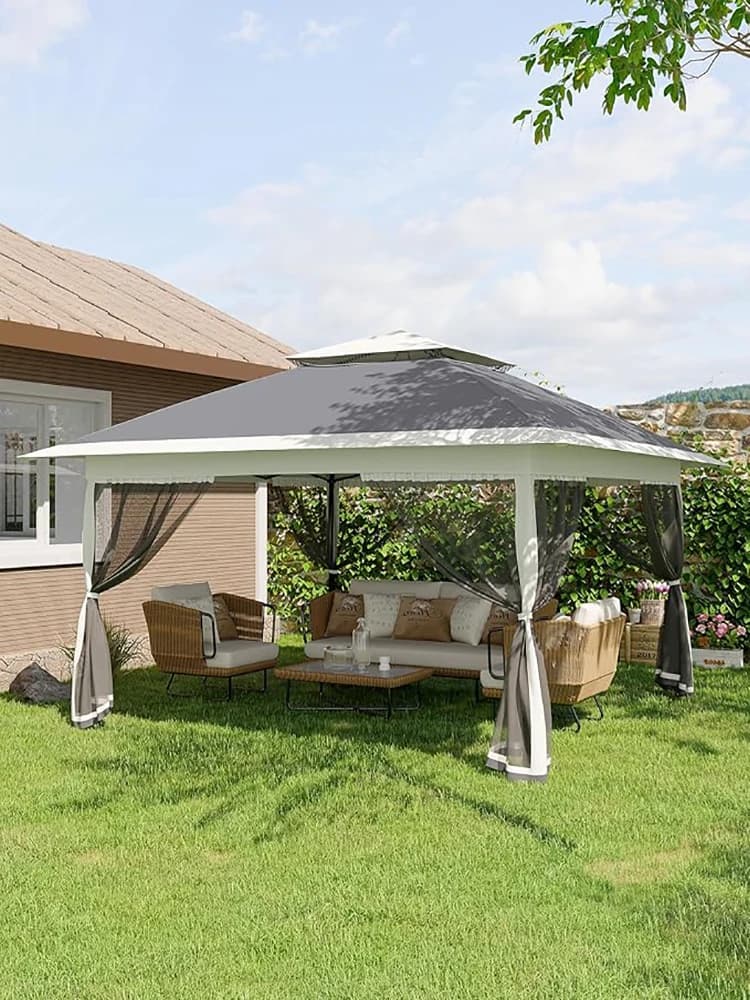 Gazebo Pop-Up 13x13ft con Montaggio Istantaneo a Un Solo Tocco, Zanzariera e Tettuccio Impermeabile UPF 50+ per Giardino, Campeggio, Barbecue