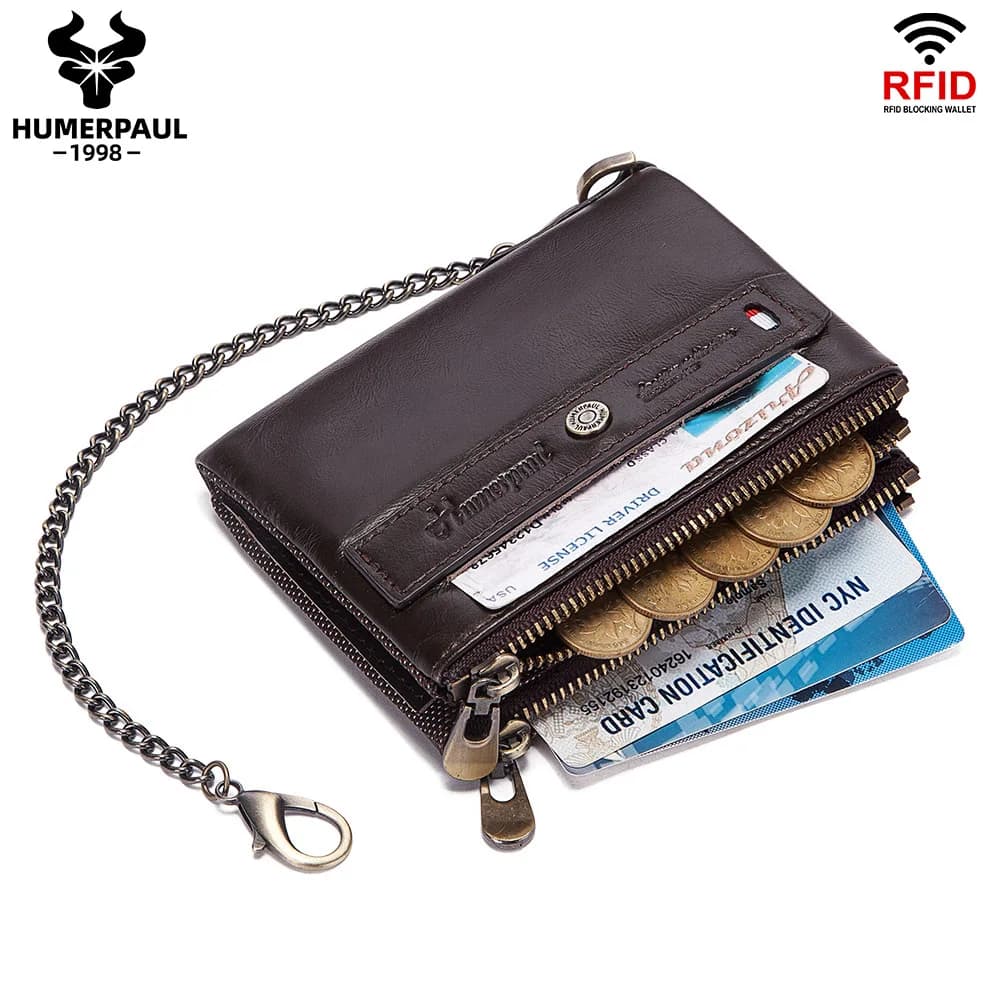 Portafoglio in Vera Pelle per Uomo, Borsellino Antifurto alla Moda con Cerniera, Porta Carte di Credito, Protezione RFID, Lussuoso Portamonete Maschile