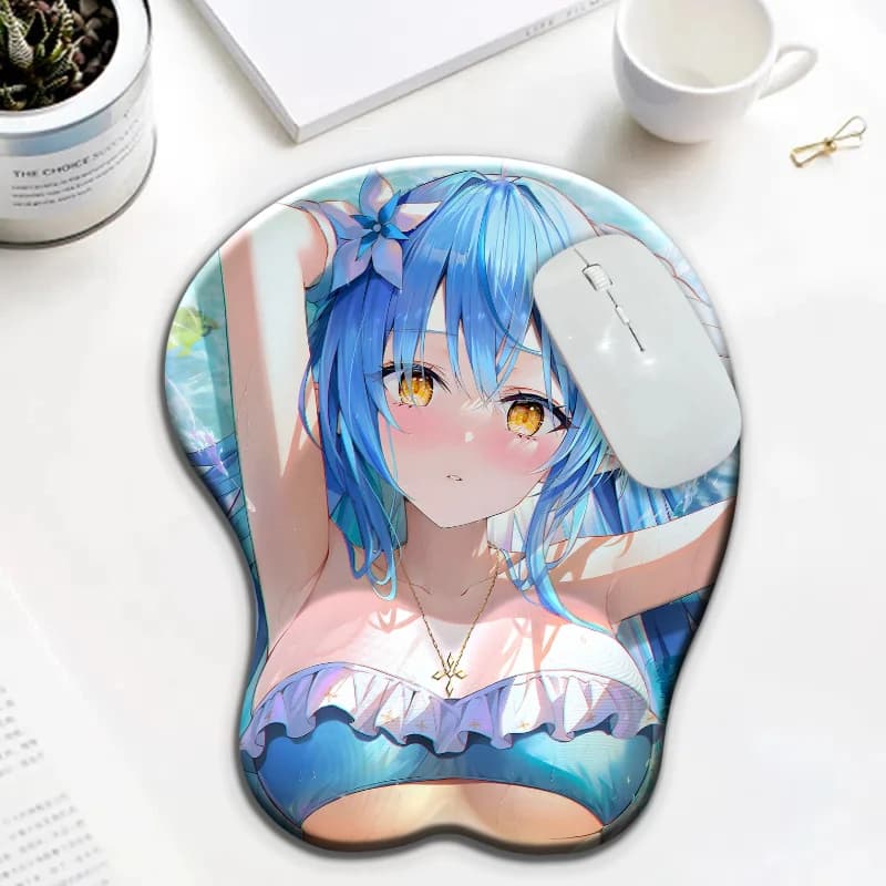 Tappetino per Mouse Ergonomico con Poggiapolsi in Silicone 3D, Personaggio di Gioco Yukihana Lamy in Costume da Bagno Blu, Tappetino da Scrivania Kawaii
