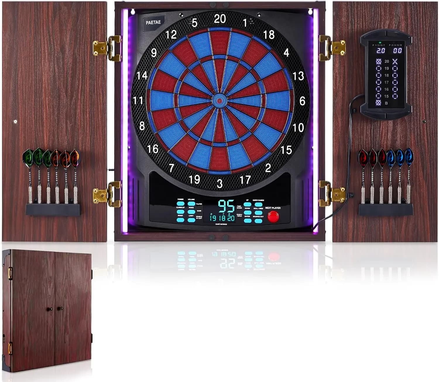 Electronic Dartboard Cabinet Soft Tip Dart Board with Large Cricket Display | Includes 12 soft tip darts, built-in dart