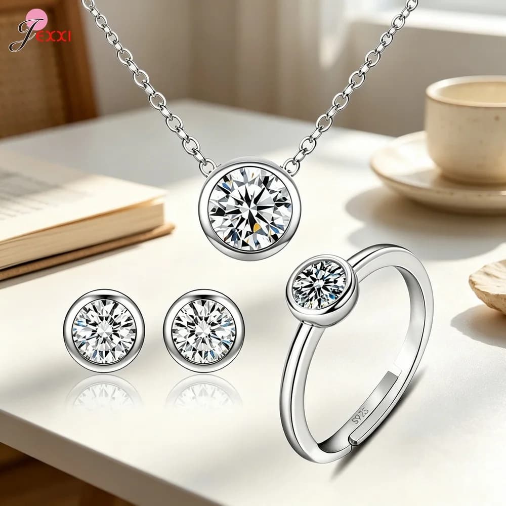 Classic Women Engagement 925 Sterling Silver Shinny CZ Wedding Necklace/Earring/Ring Jewelry Sets For Women