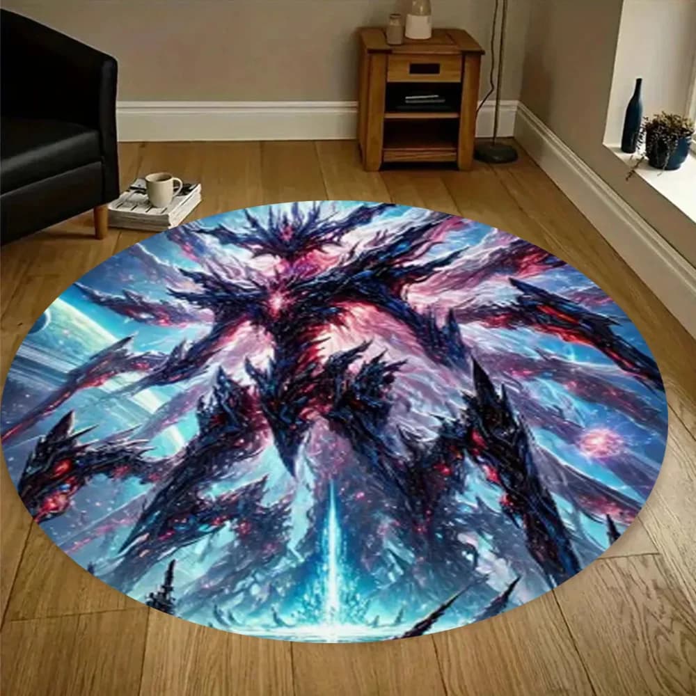 Cosmic Monster Round Carpet in Flannel, Fantascientific Carpet for Games Room, Decoration with Galassia Background and Aliene Creatures, Soft Carpet