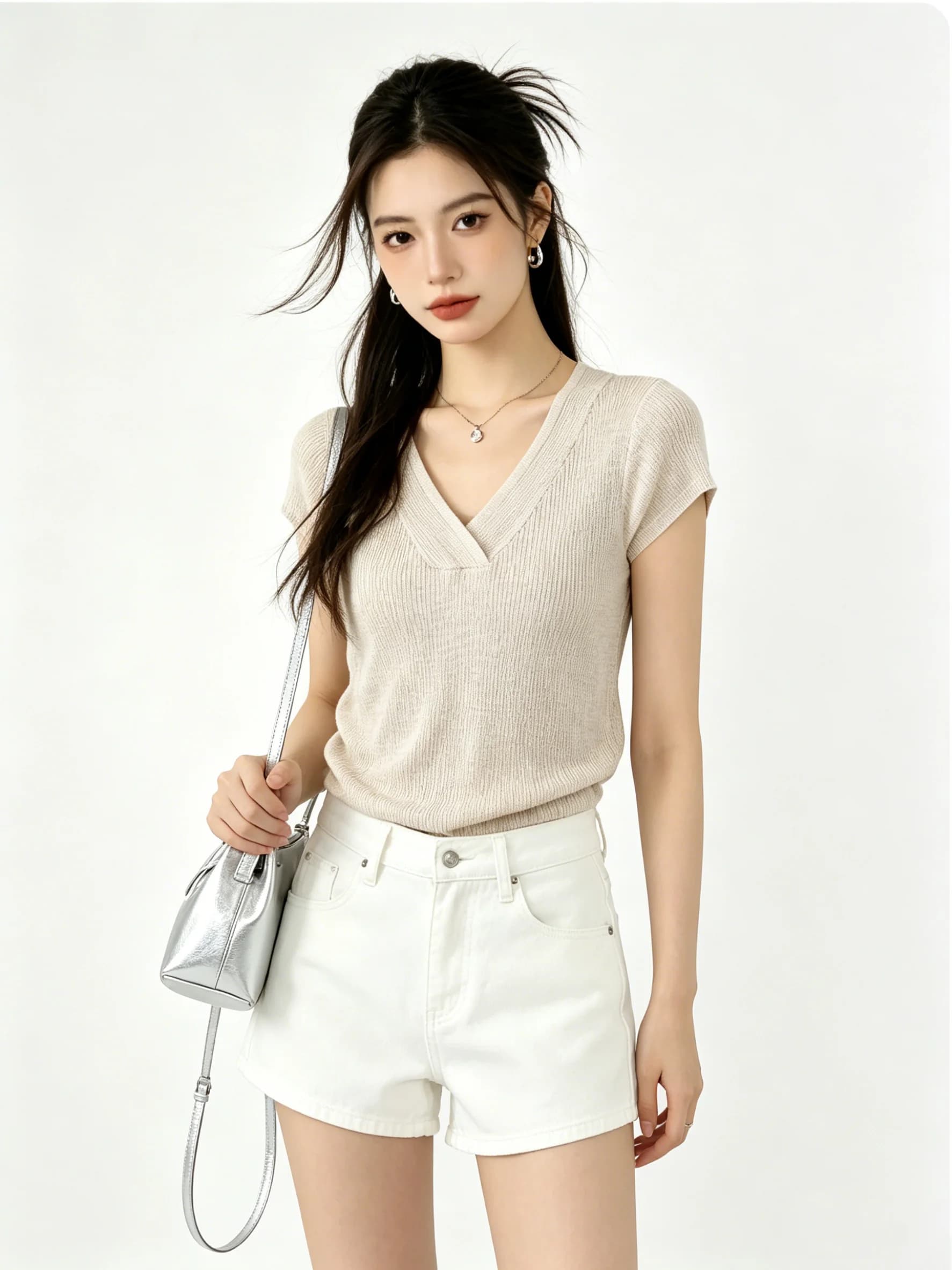 T-shirt a maniche corte in maglia con scollo a V in stile coreano, semplice ed elegante, estiva, snellente e delicata sulla pelle, da donna