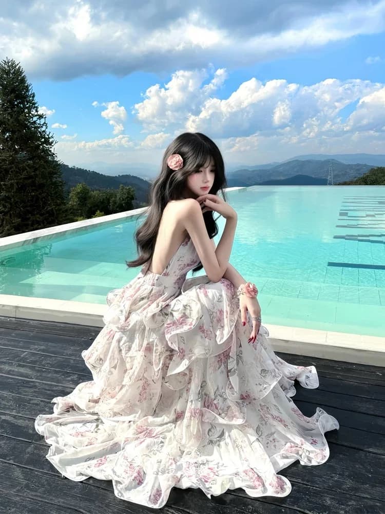 Elegant Pure Desire Backless Hanging Neck Dress Long Beach Style Women's Summer Floral Cake Skirt Sweet High Waist Midi Dress