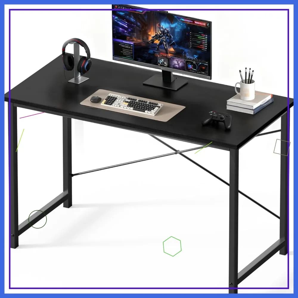 Scrivania Compatta da 47 Pollici per Piccoli Spazi, Tavolo Moderno per Scrittura e Gaming con Borsa Portaoggetti e Gancio per Cuffie, Nero