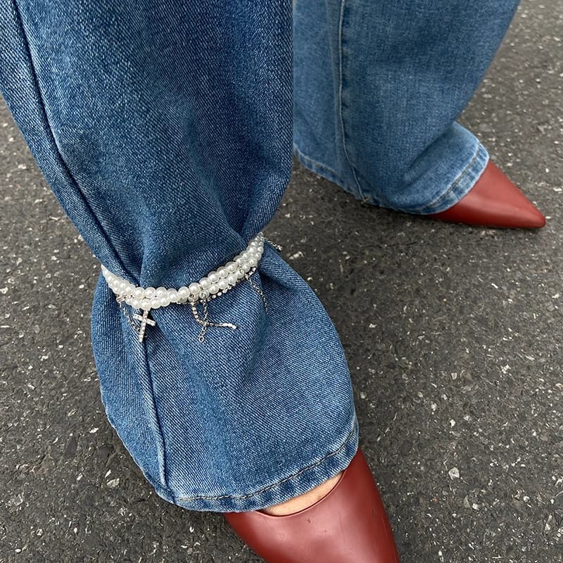 Nuova perla croce nappa perline pantaloni catena alla caviglia per le donne catene del piede jeans gioielli pantaloni gamba accessori di abbigliamento decorativi