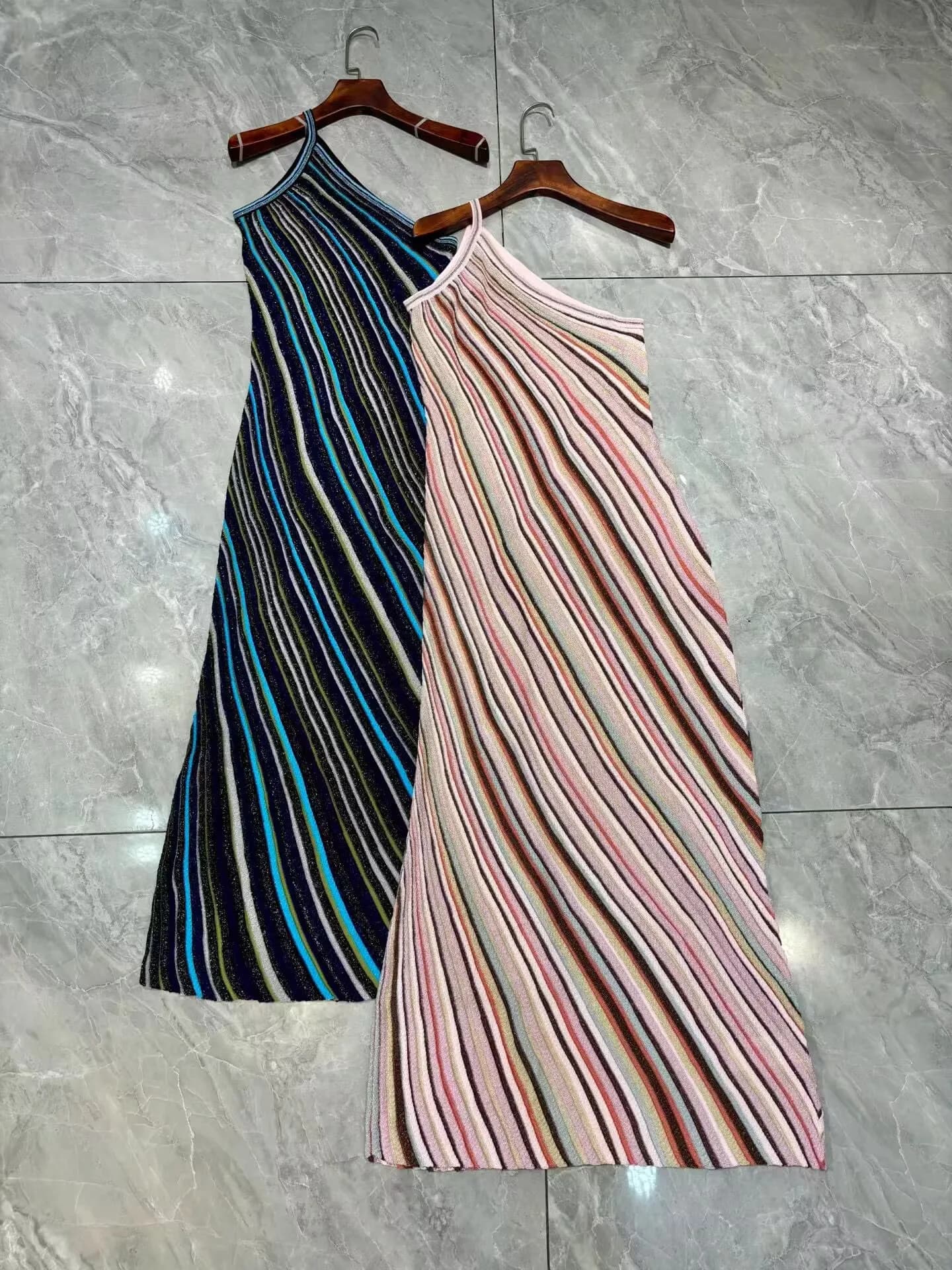 2026 Women Sequins Knitted Robe Gradient Striped Diagonal Collar Sleeveless High Waist Fashion Slim Knit Long Dress