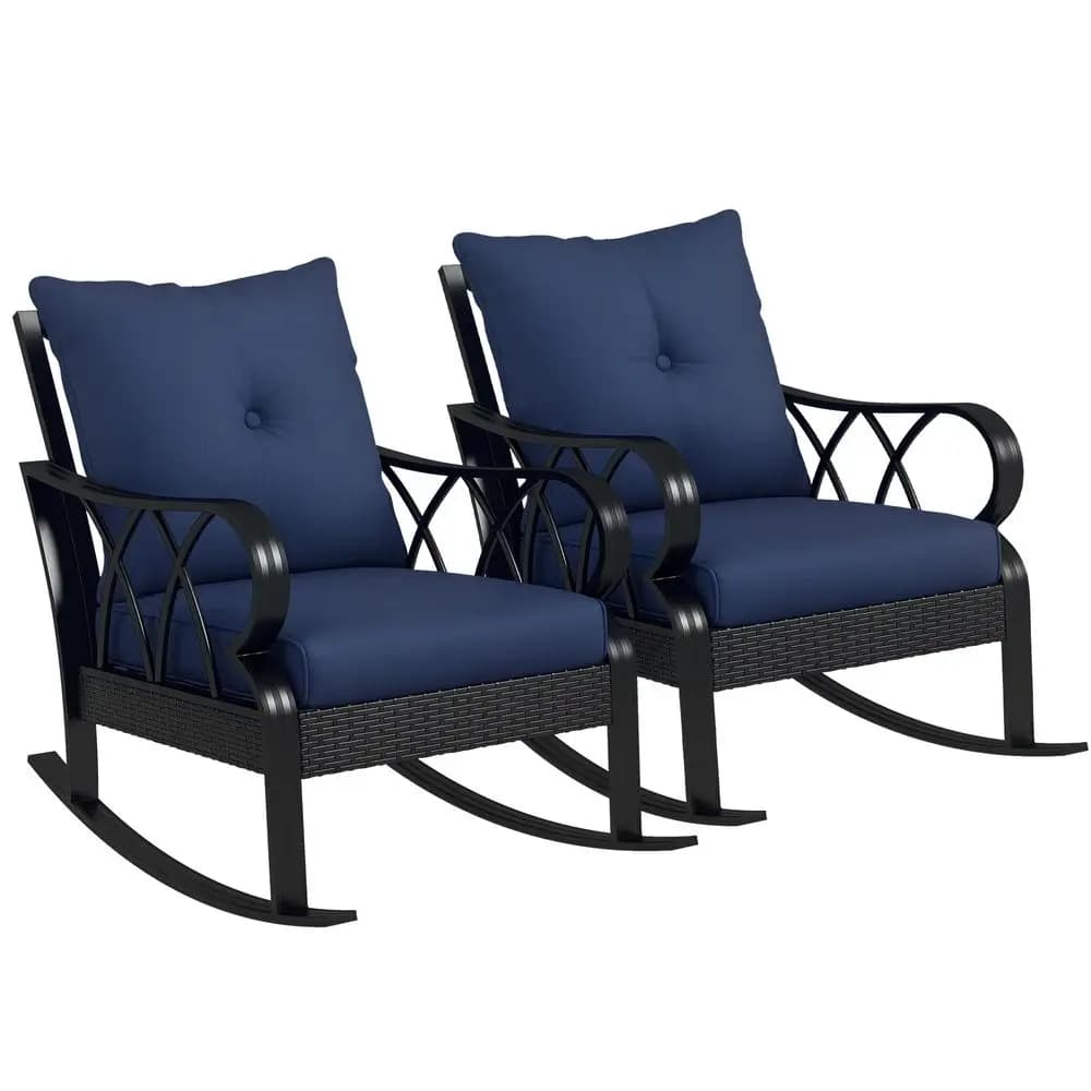Set di 2 Sedie a Dondolo da Esterno in Vimini con Cuscini Imbottiti, Sedie a Dondolo in Rattan con Braccioli per Giardino, Mobili in Alluminio