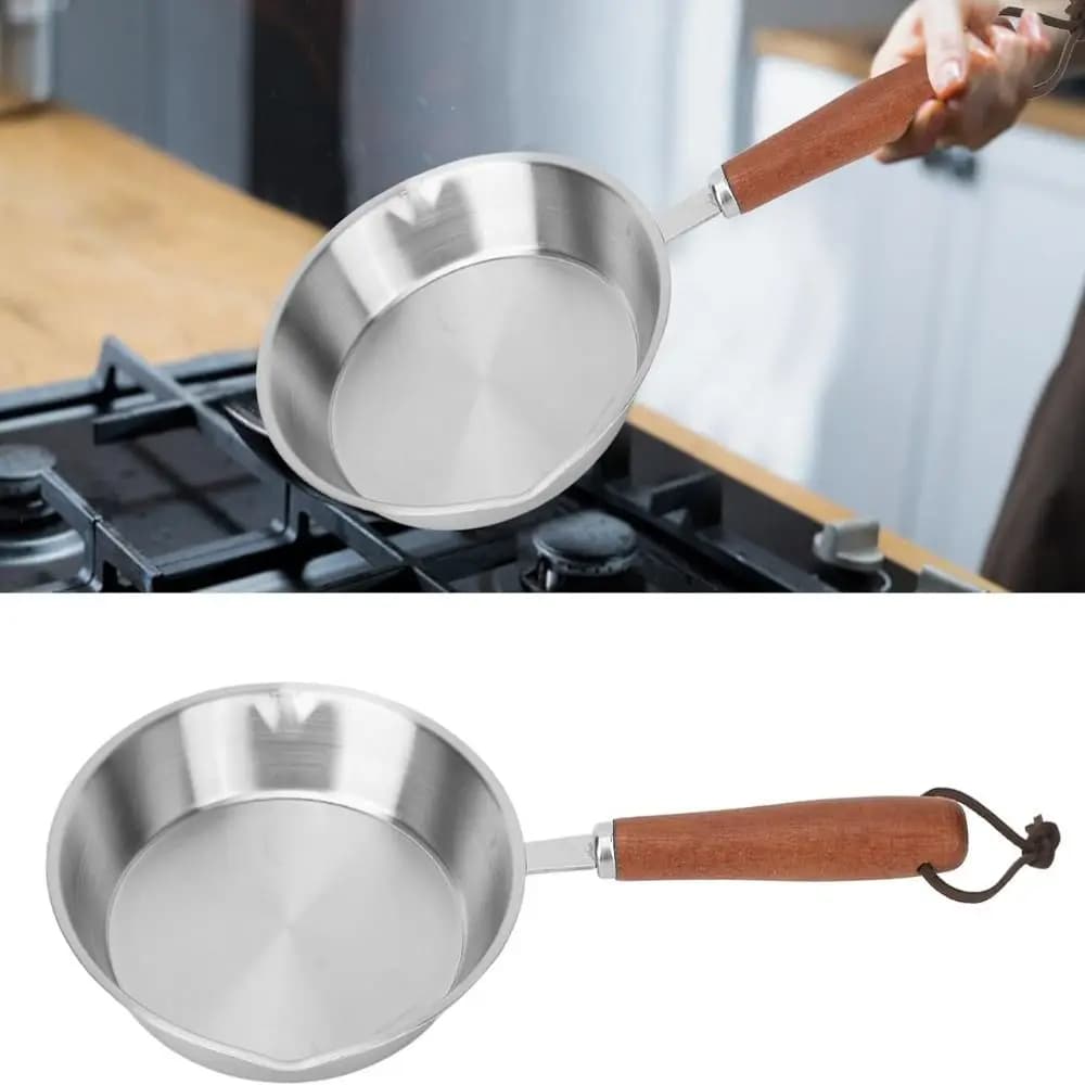 Stainless steel flat bottom pan wooden handle oven safe frittata pan 12/16cm small kitchen pan