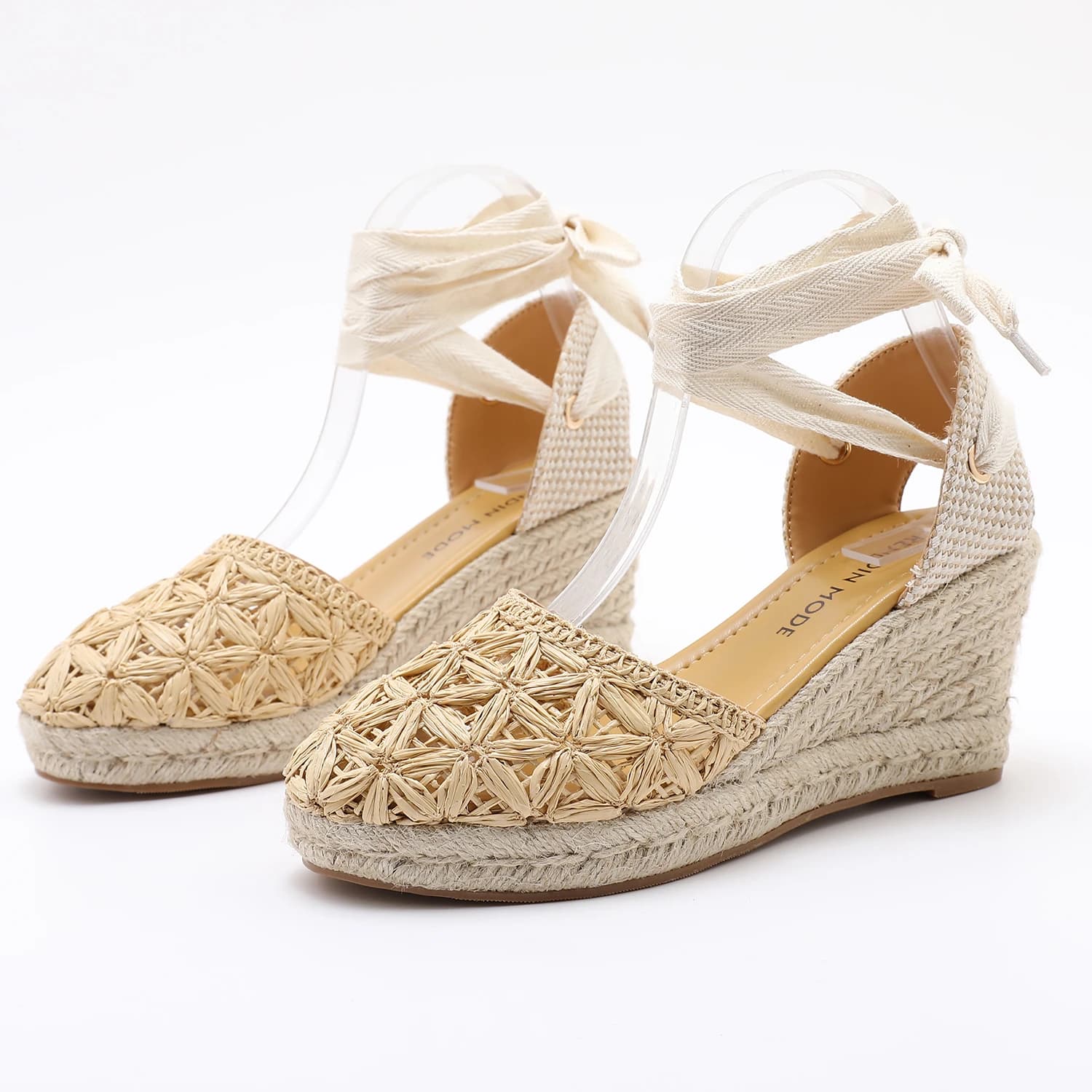 Scarpe da donna con papillon con suola spessa intrecciata in paglia, zeppe da vacanza antiscivolo e traspiranti