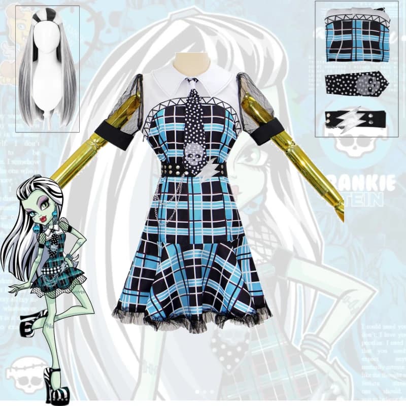 Costume Cosplay Stile Frankie Stein, Abito Verde Rosa a Quadri, Giacca da Laboratorio, Fermagli per Capelli Bolt, Orlo Asimmetrico per Donna, Halloween
