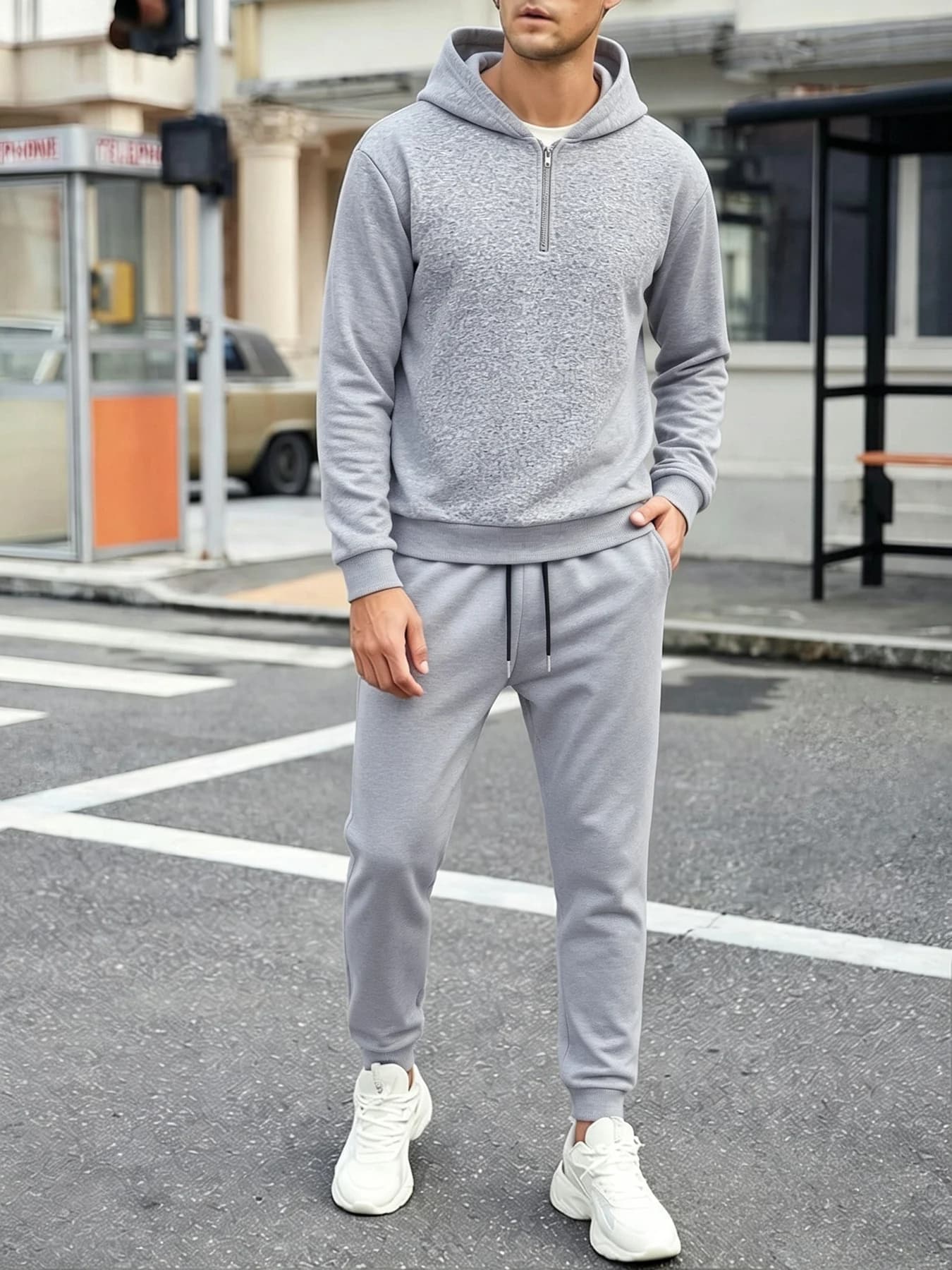 Men's Casual Two-Piece Set, Light Gray Half-Zip Hooded Sweatshirt and Jogger Sweatpants, Loose and Simple Style for Spring and Autumn, Suitable for Sports, Commuting, and Everyday Wear