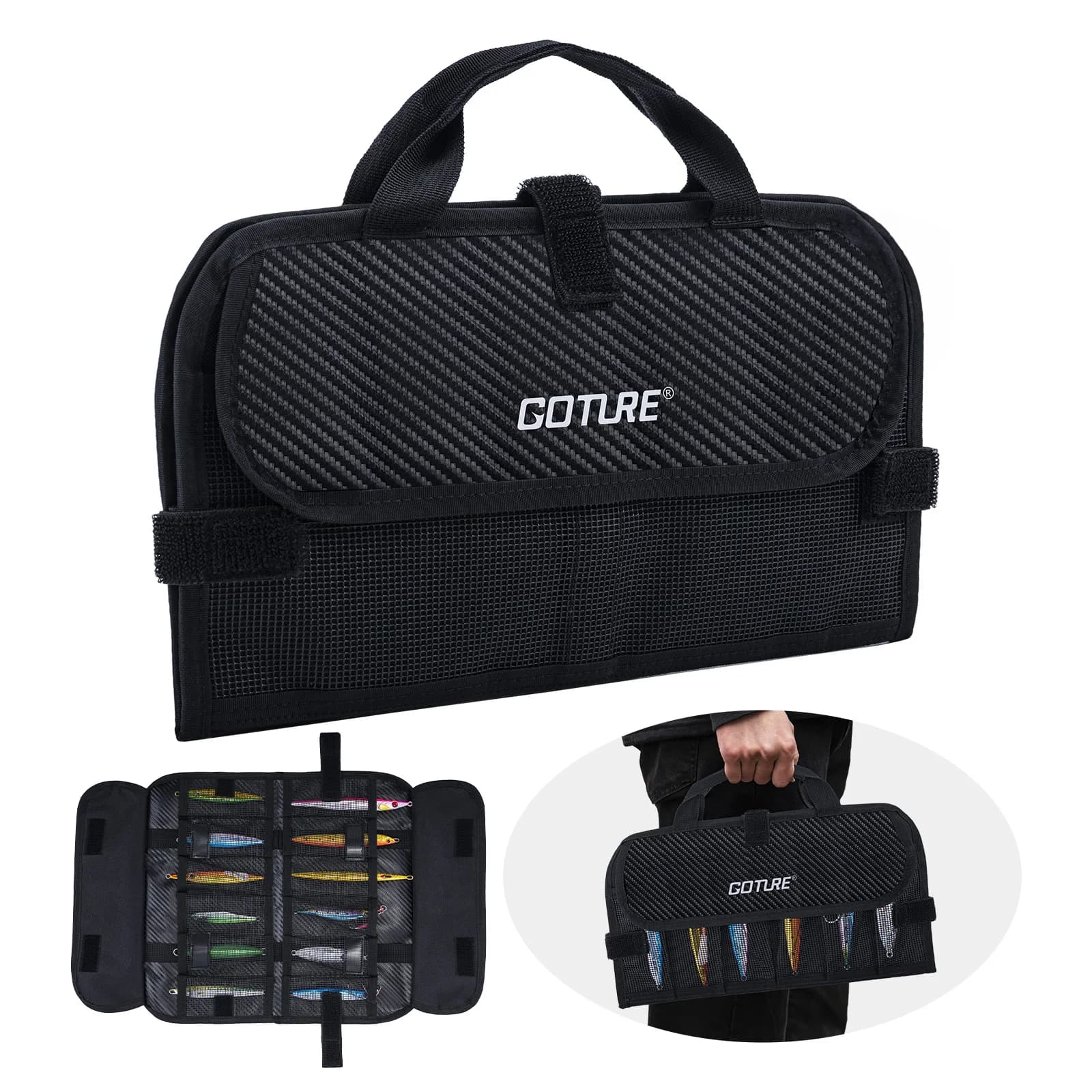 Goture Jig Fishing Lure Bag Network pockets Water resistant 600D PU Fishinig Lure Bag Freshwater salt water, detachable compartment