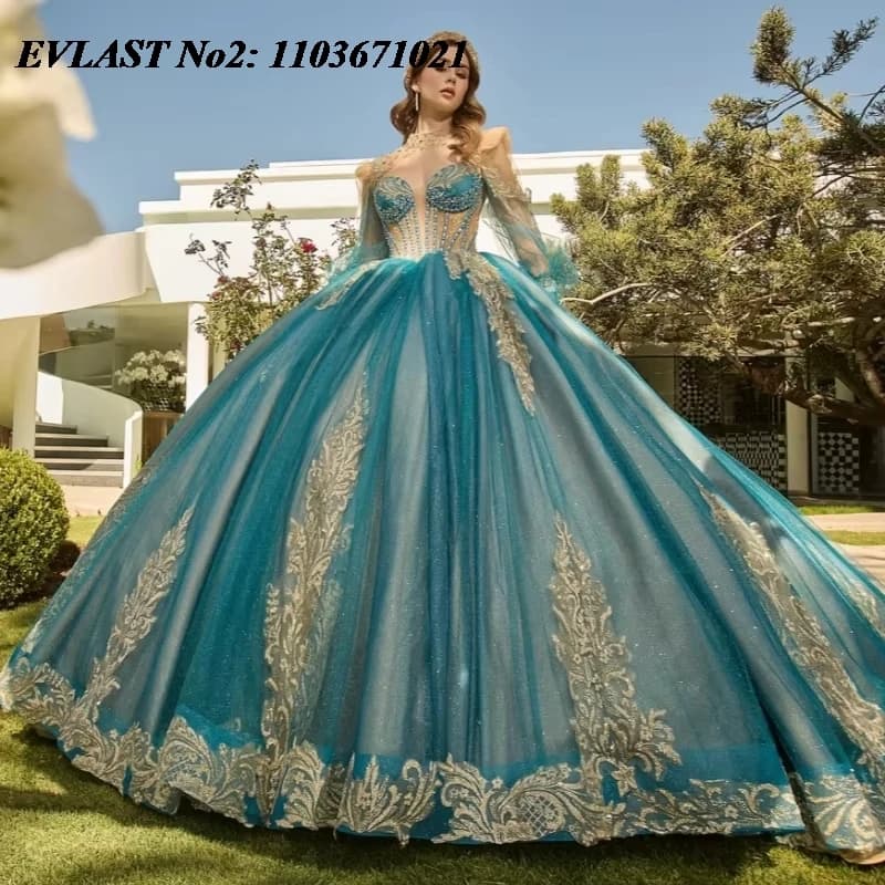 EVLAST Personalizzato Blu Lucido Abito Quinceanera Abito di Sfera Dell'oro Applique Del Merletto Del Capo Che Borda Dolce 16 Abiti Da 15 Anos E2Q14