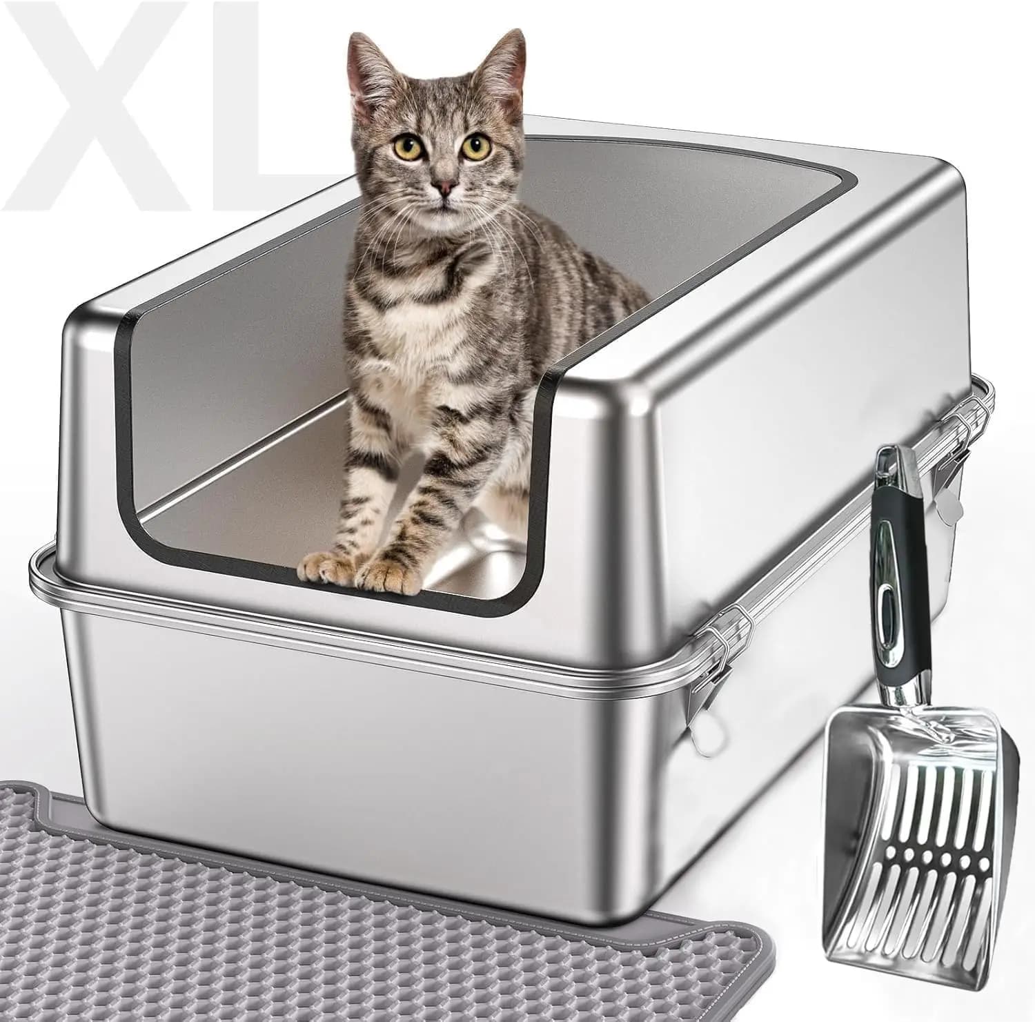 Lettiera per gatti extra large in acciaio inossidabile, 60 x 30 x 40 cm, argento, rivestita, facile pulizia