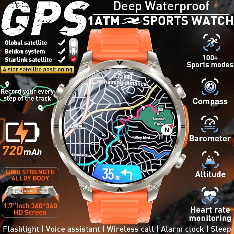 LIGE 2026 New Men's Military Smartwatch with GPS, Compass, 4GB Memory, 1000mAh Battery, 10ATM Waterproof, Bluetooth HD Calls