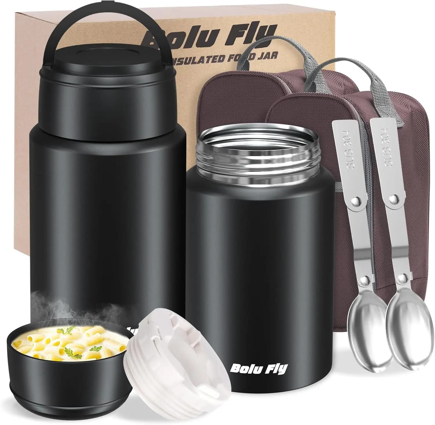 Set di 2 Contenitori Termici per Alimenti, Lunch Box in Acciaio Inox con Borsa e Cucchiaio (18.5oz, 27oz)