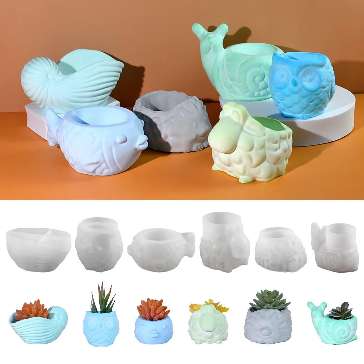 3D Animale Vaso di Fiori Stampo In Silicone FAI DA TE Lumaca Gufo Conchiglia Riccio Pesce Succulente Fioriera Vaso di Fiori Gesso Stampo In Resina Epossidica
