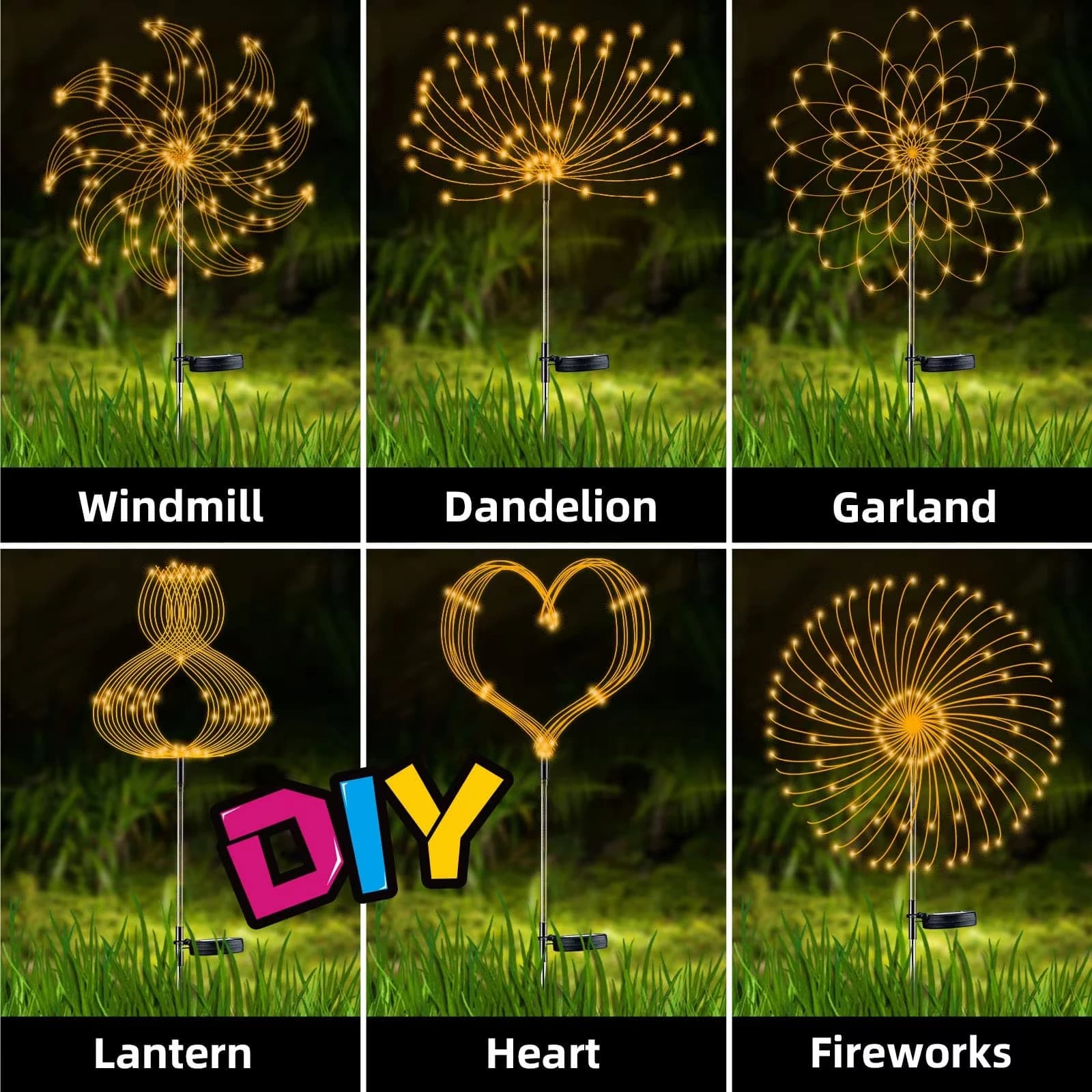 Lampada da prato solare Luci da percorso a LED solari Decorazioni da giardino impermeabili per esterni Fata di fuochi d'artificio per patio Passerella Cortile