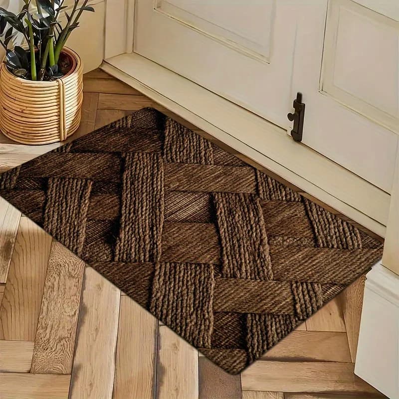 Brown Braided Pattern Doormat Carpet, Non-Slip Washable Polyester Textured Design for Entryway Kitchen Living Room Bedroom Decor
