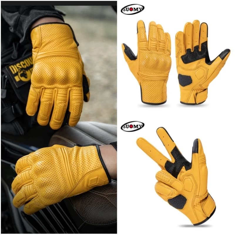 SUOMY Male Summer Breathable Genuine Leather Motorcycle Riding Gloves Men Women Anti-drop Retro Full Finger Motocross Gloves
