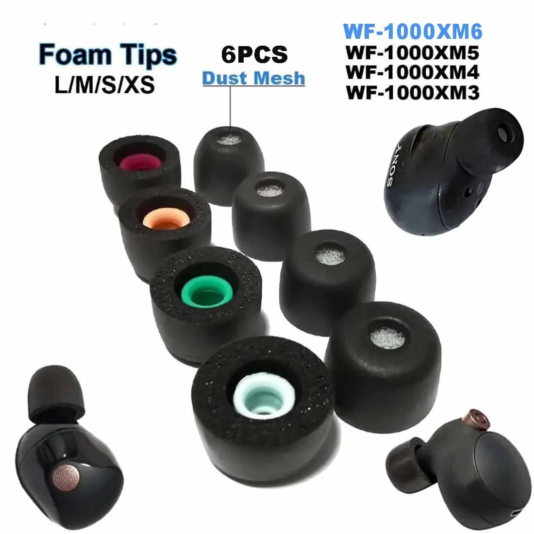 6PCS Cuscinetti auricolari in memory foam per Sony WF-1000XM6 WF-1000XM5 WF-1000XM4 WF-1000XM3, antiscivolo