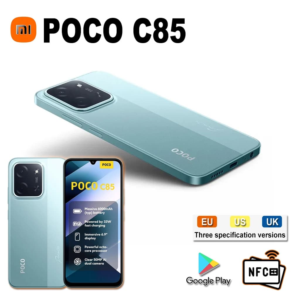 XIAOMI POCO C85 smartphone originale 6000mAh/8GB+256GB di memoria/Supporto GPS/NFC/Aumento volume del 200%/FM/Specifiche EU/US/UK
