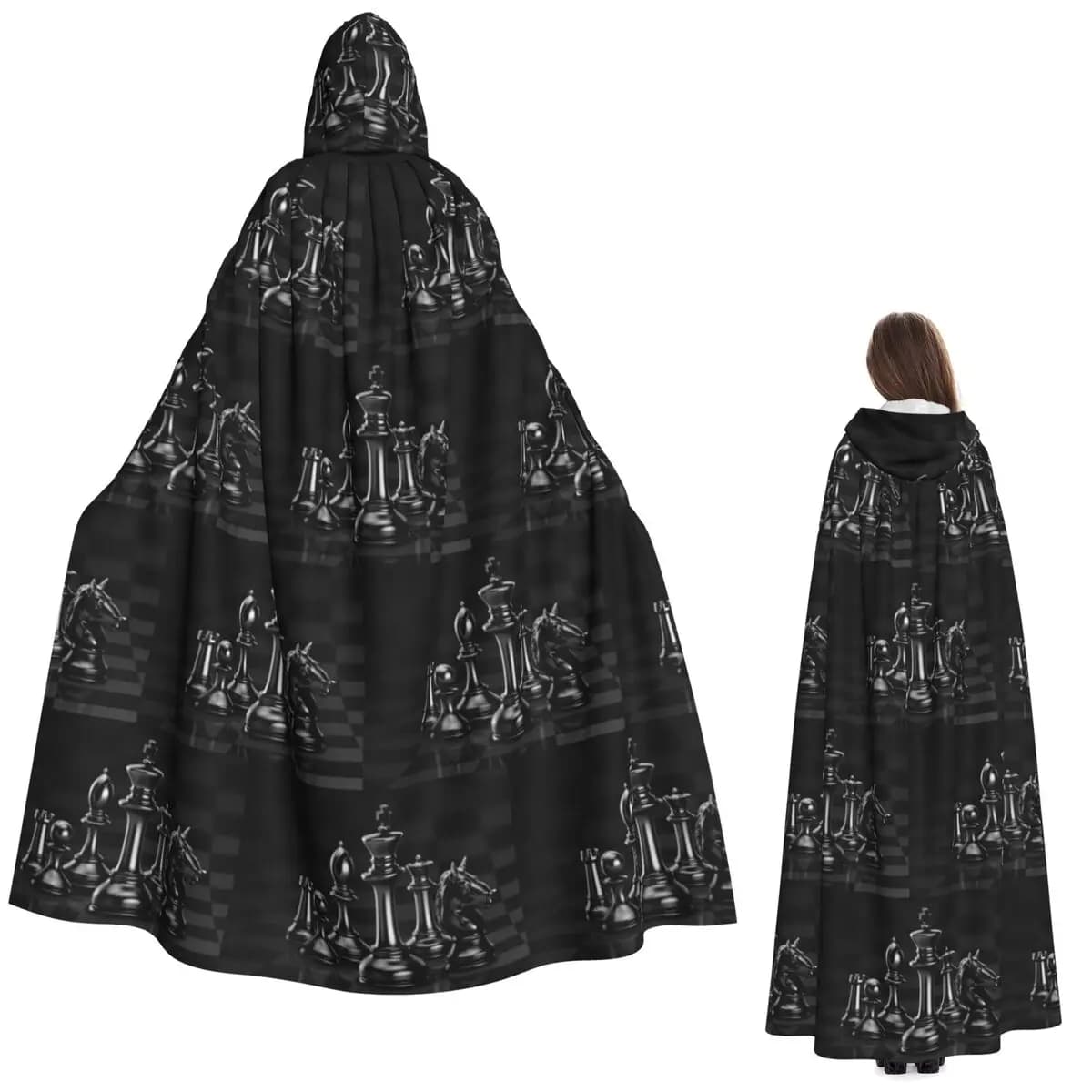 Black King Chess The-chessboard Long Hooded Cloak Witch Medieval Costume Cosplay Cape HalloweenParty Adult Unisex