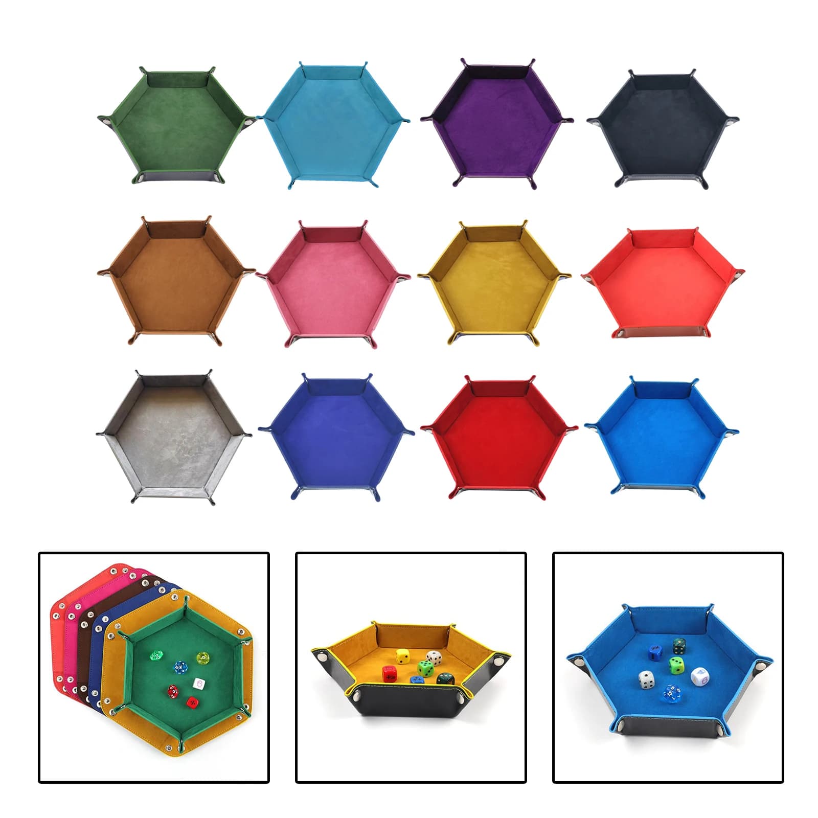 Scatola per dadi pieghevole a 12 colori scatola per dadi esagonale in pelle PU moneta vassoio quadrato gioco di dadi per giochi da tavolo RPG DnD