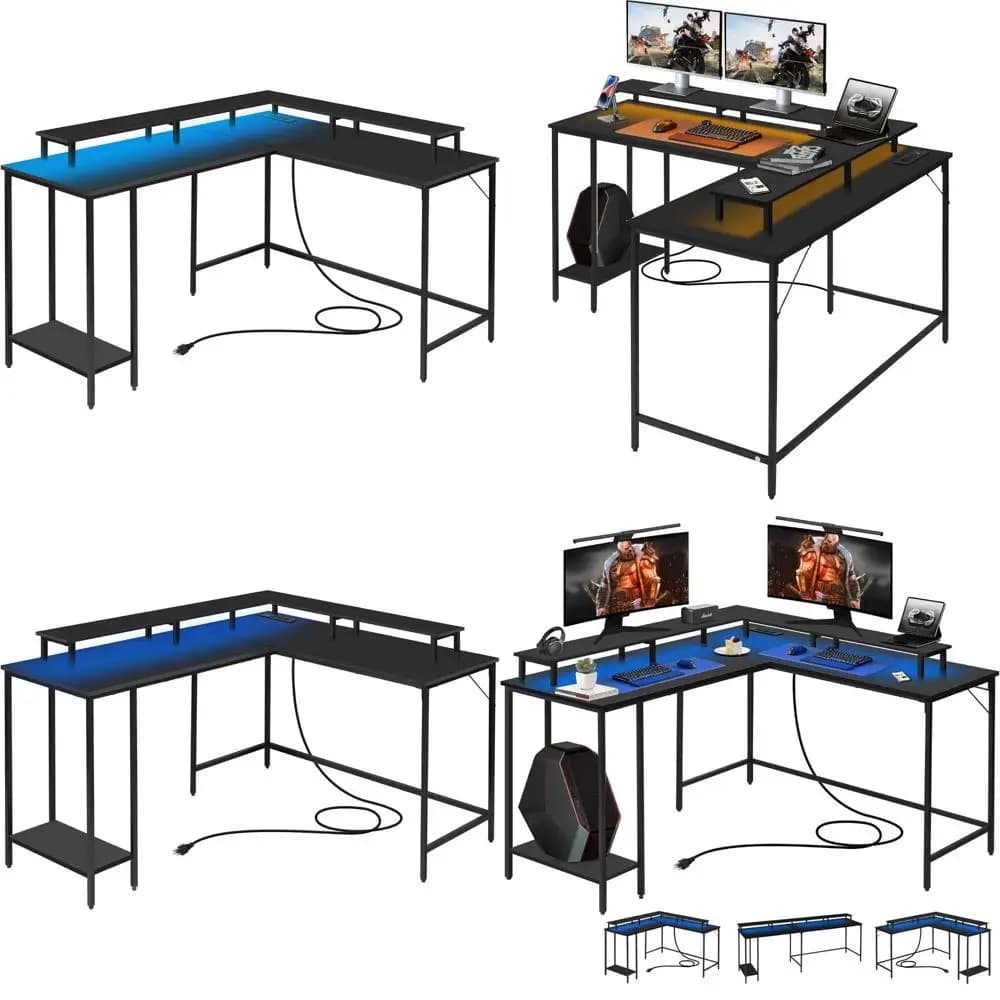 Scrivania da gioco reversibile a L con illuminazione a LED e presa di corrente integrata