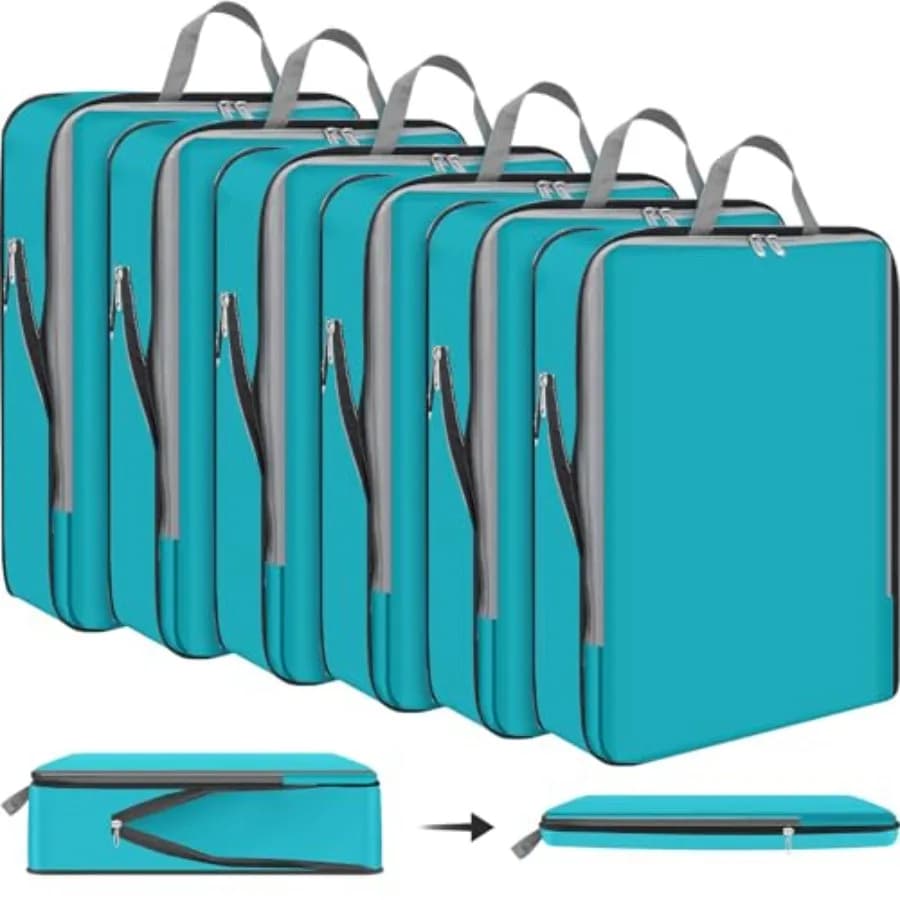 Set di 6 Cubi di Compressione per Viaggi 17.3 x 12.6'' XL, Organizzatori Espandibili per Valigie, Salva Spazio per Lunghi Viaggi in Famiglia, Blu