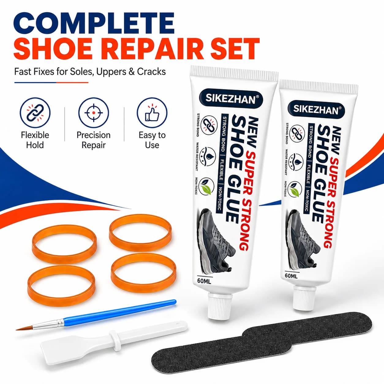 Shoe Adhesive Repair Set 2 x 60ML with Applicator Brush, Scraper, Elastic Bands and Patches for Footwear Sole Edge Repair