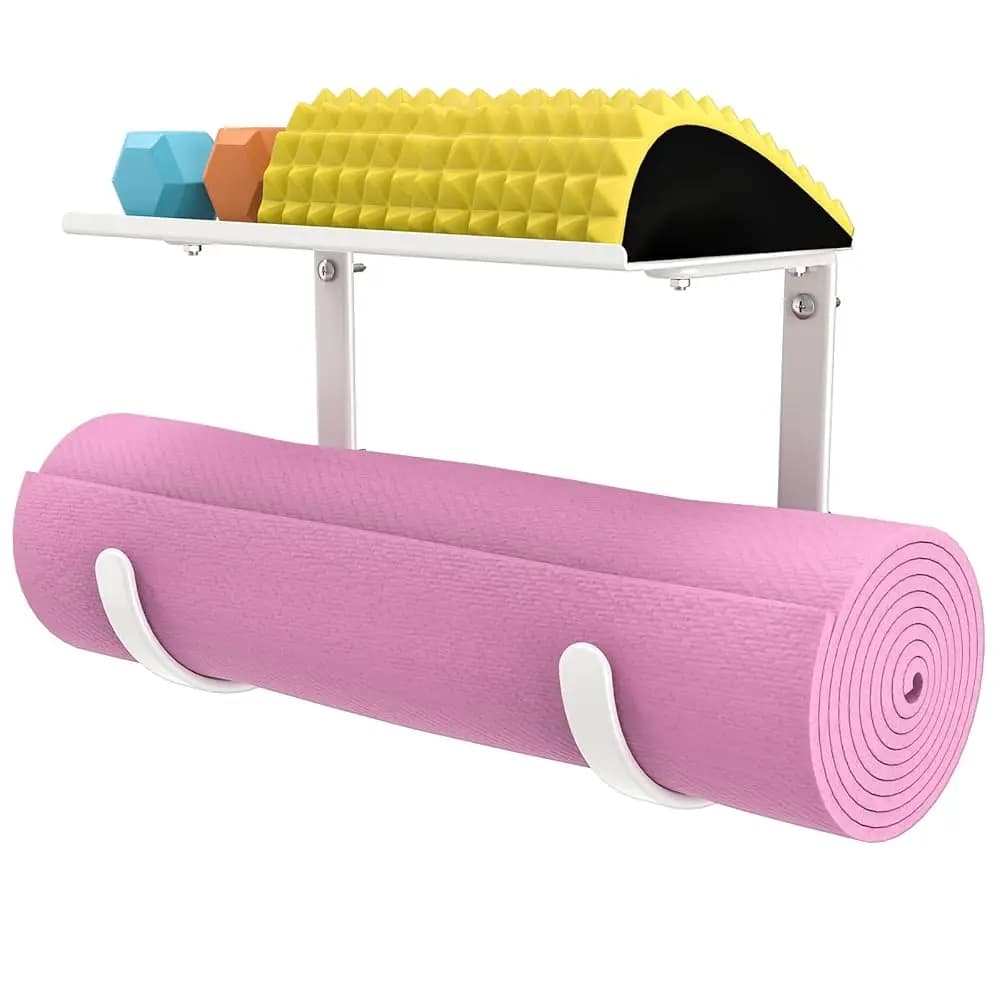 Supporto da Parete per Tappetini Yoga, Porta Tappetini Senza Nodi, Scaffale Portaoggetti per Tappetini da Esercizio con Mensola Superiore Flottante, Porta Blocchi/Rulli Yoga
