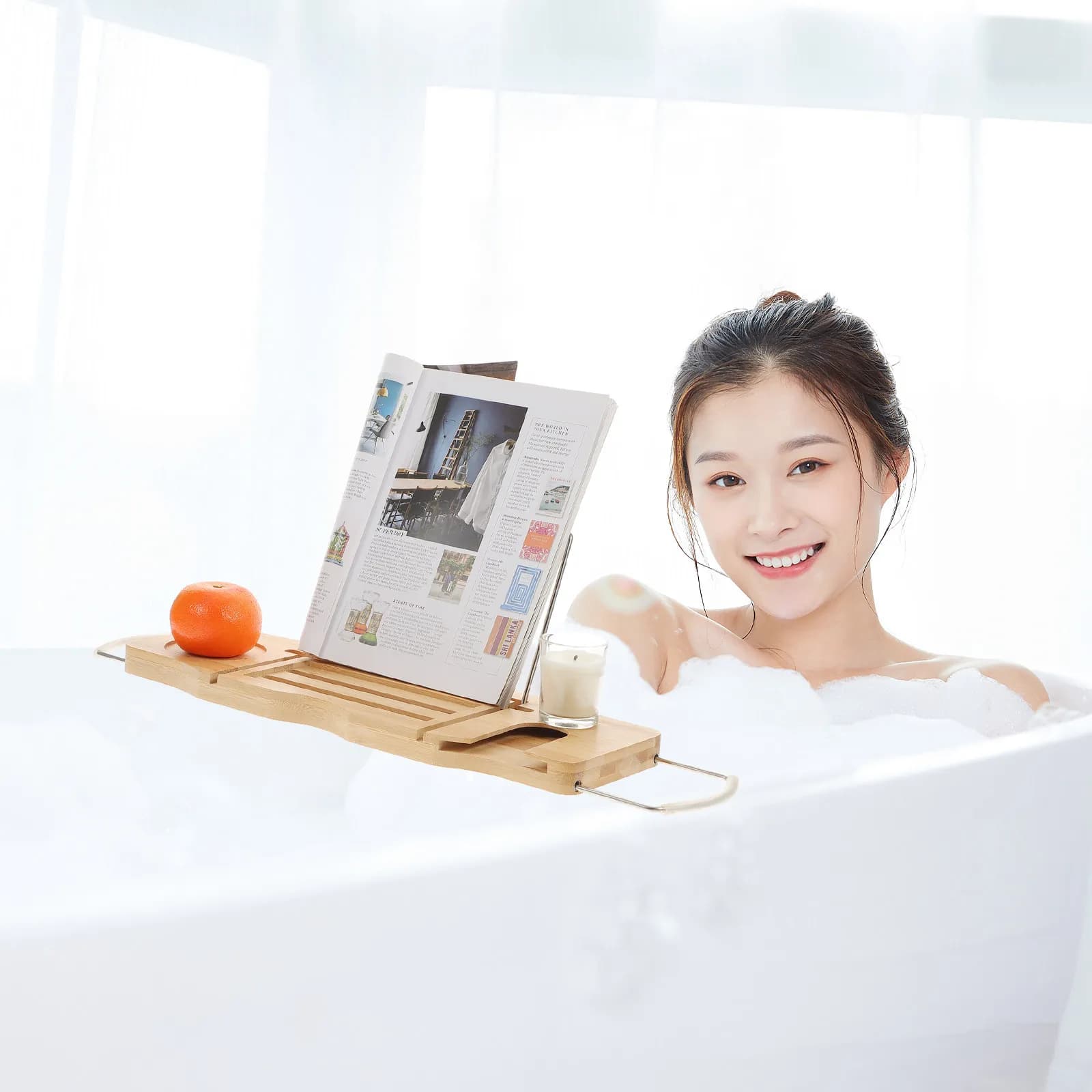 Bathtub Tray Bamboo Adjustable Bath Tub Tray Non Slip Handles Expandable Tablet Phone Holder Towel Storage Rack Bath