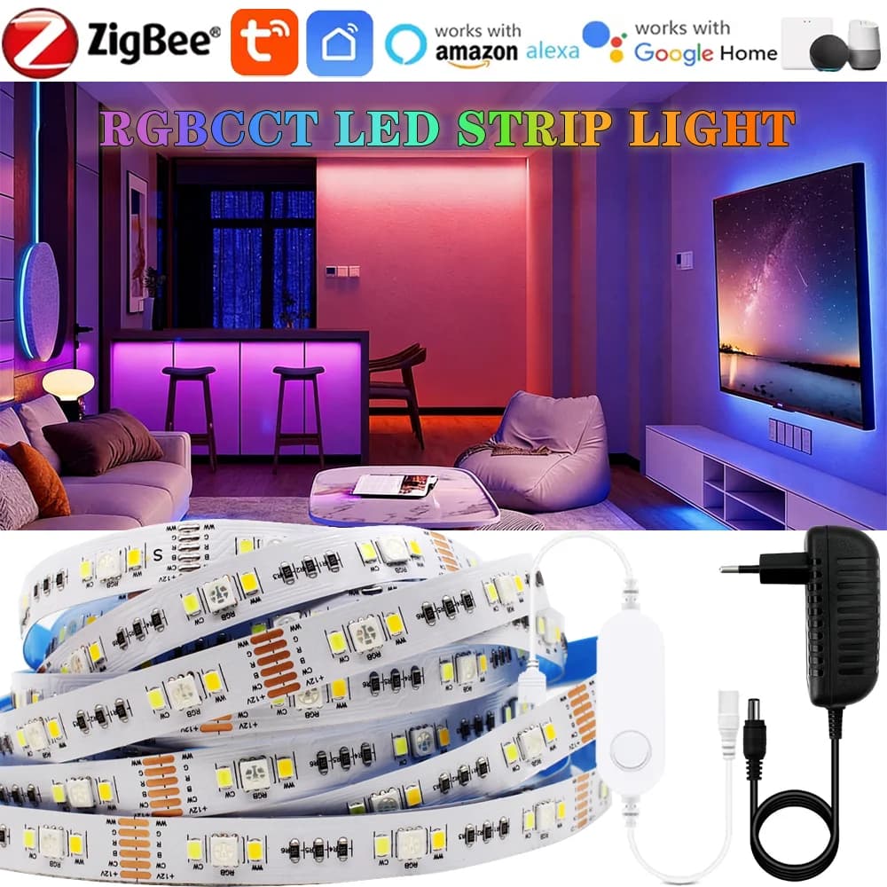 Striscia LED Zigbee 12V 5050 SMD RGBCCT Flessibile Dimmerabile RGB CW WW, Illuminazione a Stringa LED 90 LED/m, Compatibile con Smart Life, Alexa e Google per Decorazioni Domestiche