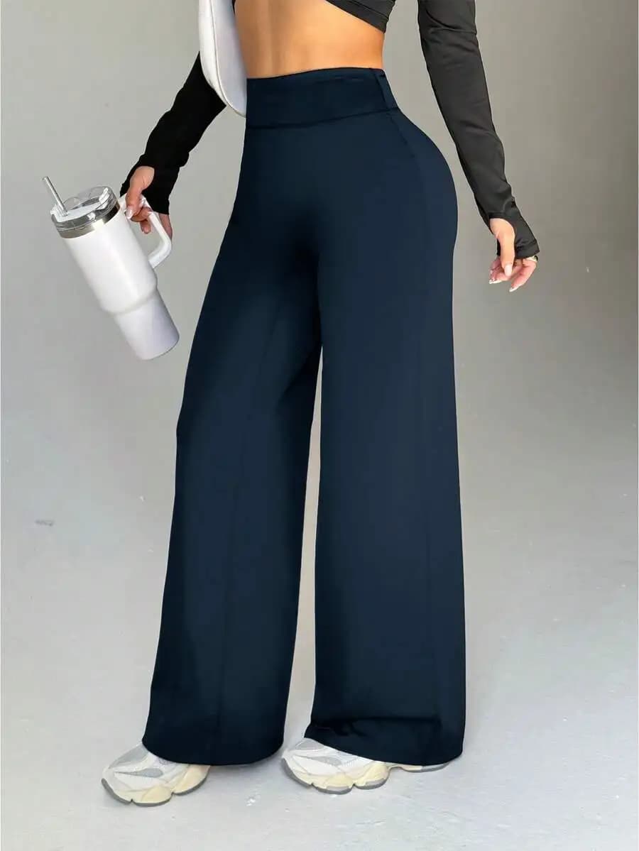Pantaloni a Vita Alta e Gamba Larga per Donna, Leggings Sportivi Comodi in Maglia Blu con Elastico in Vita