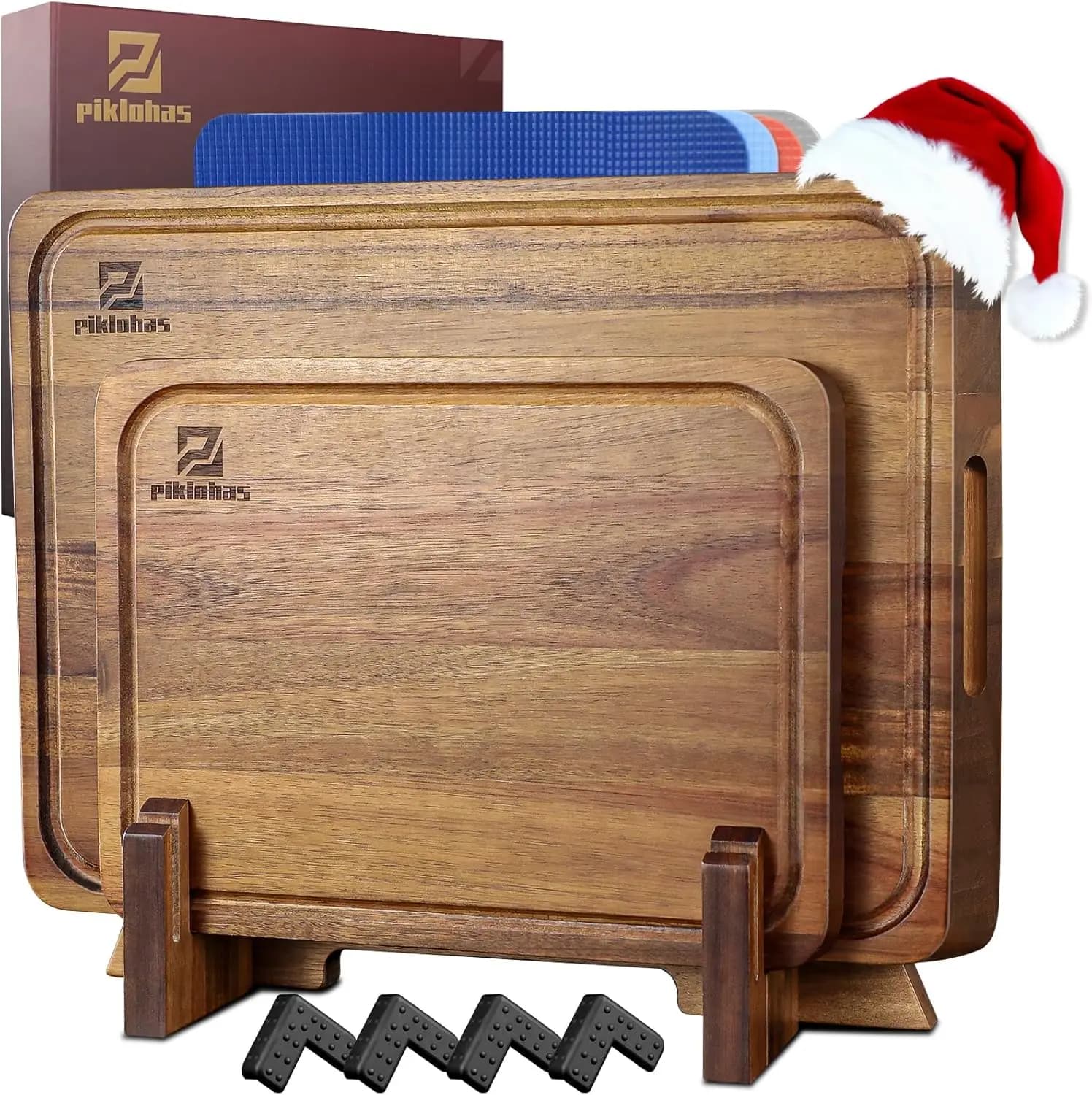 Set of 7 Large Sizes in Acacia Wood, Sauce and Cheese Sizes with Support and Anti-slip Feet, Plastic Set