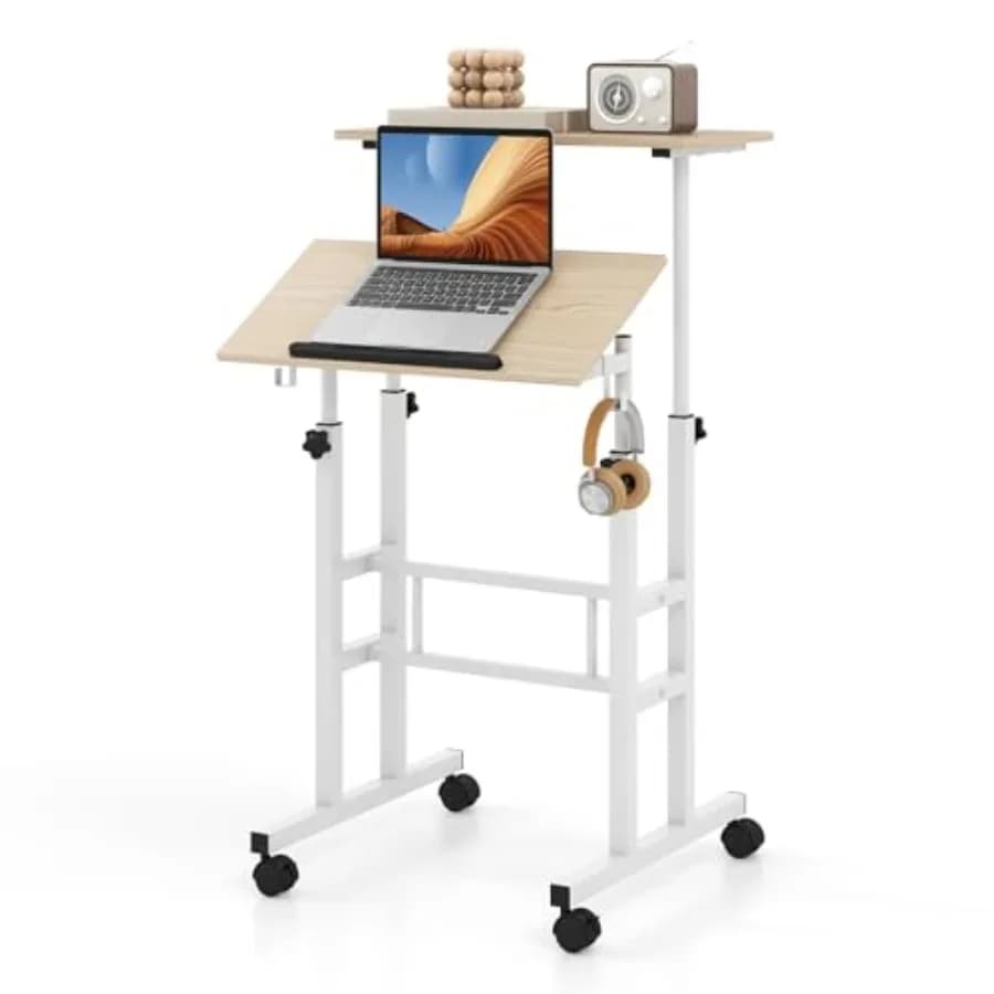 Scrivania Mobile Regolabile in Altezza con Piano Inclinabile e Supporto per Computer su Ruote con Angolazione Regolabile