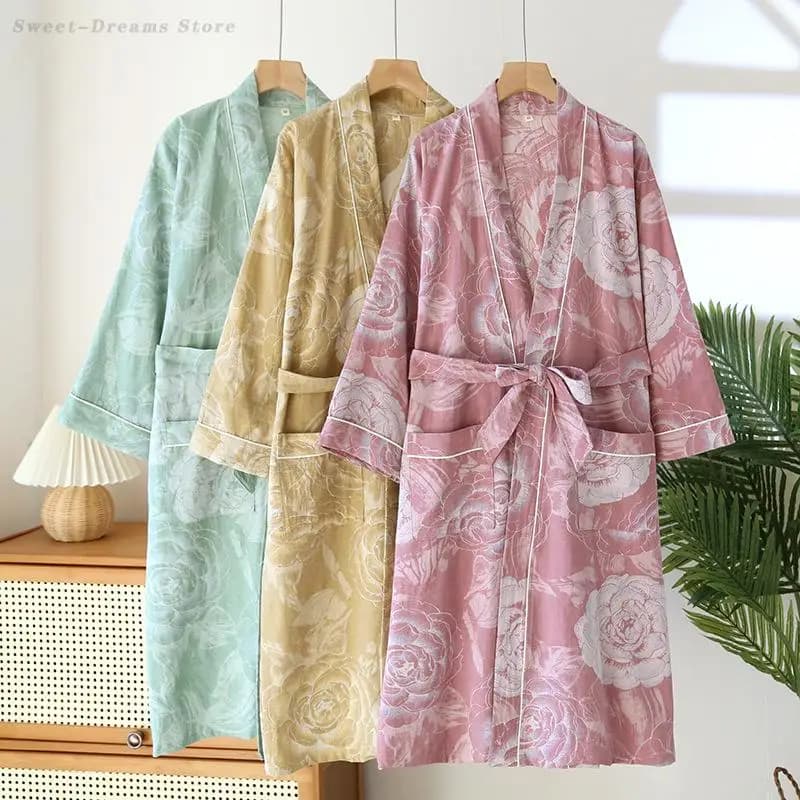Spring Summer Women's Sleepwear Kimono Bathrobe Cotton Nightgown Print Flower Breathable Comfortable Robe Pajama Yukata Lingerie