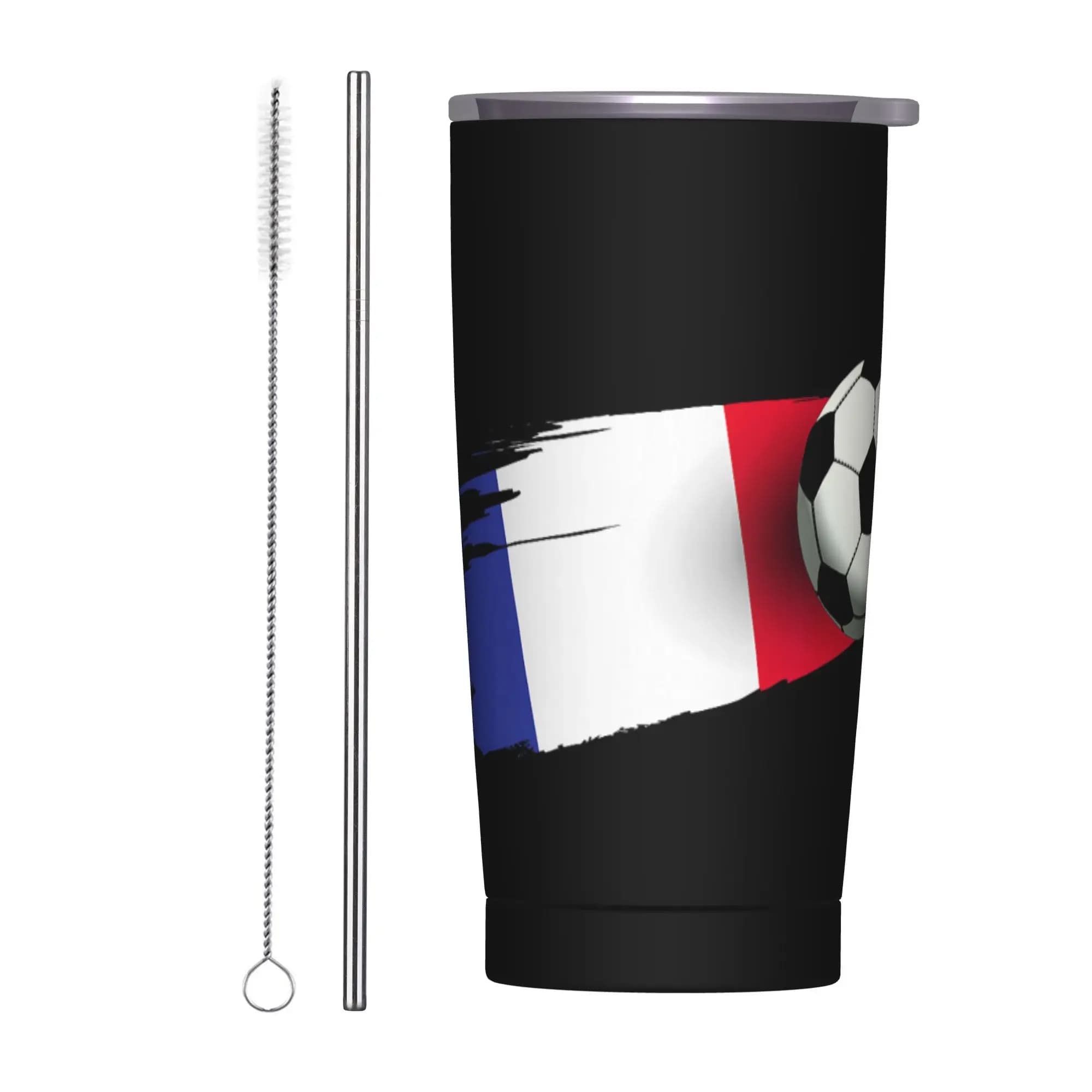 Tazza Termica a Forma di Pallone da Calcio con Bandiera Francese, Bicchiere Isolato Sottovuoto con Coperchio e Cannuccia per Auto, per Bevande Calde e Fredde