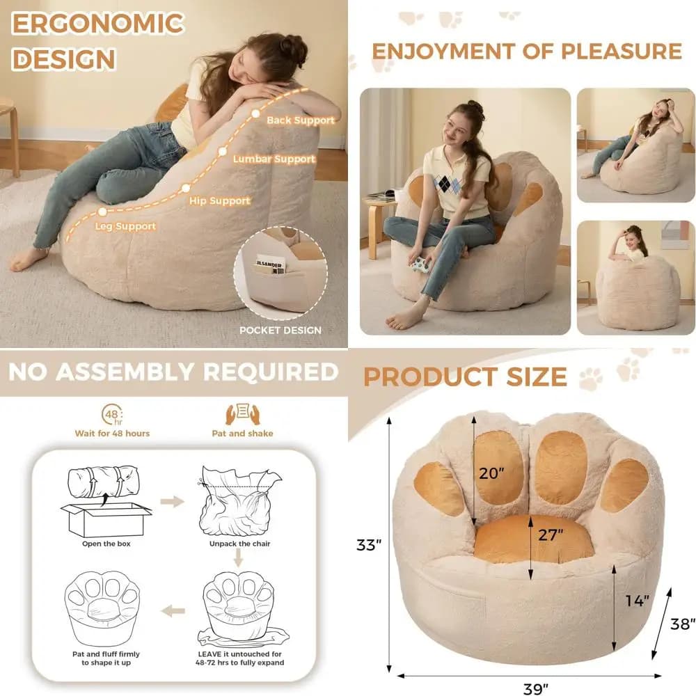 Poltrona Sacco in Memory Foam per Adulti e Adolescenti - a Forma di Zampa di Gatto, Ideale per Soggiorno, Camera da Letto, Dormitorio, Lettura, Gaming e Relax