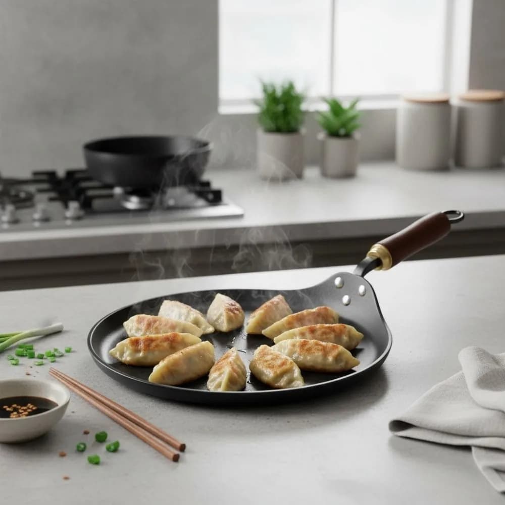 Padella in ghisa non rivestita per cucina, con manico in legno ispessito, padella per pancake universale antiaderente, compatibile con piano cottura a induzione
