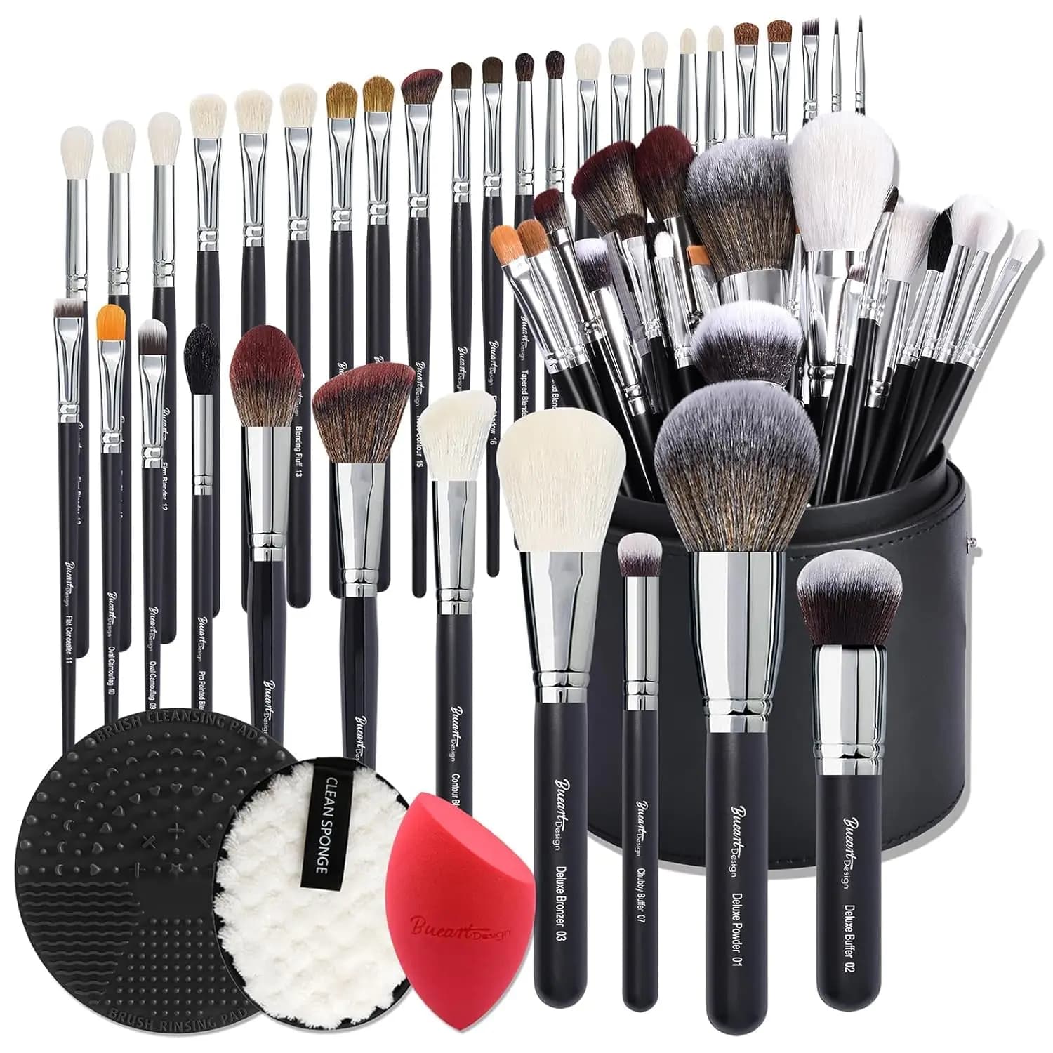 Set di pennelli per trucco Deluxe in vero pelo di capra da 34 pezzi con supporto grande, peli di cavallo naturali etichettati professionali