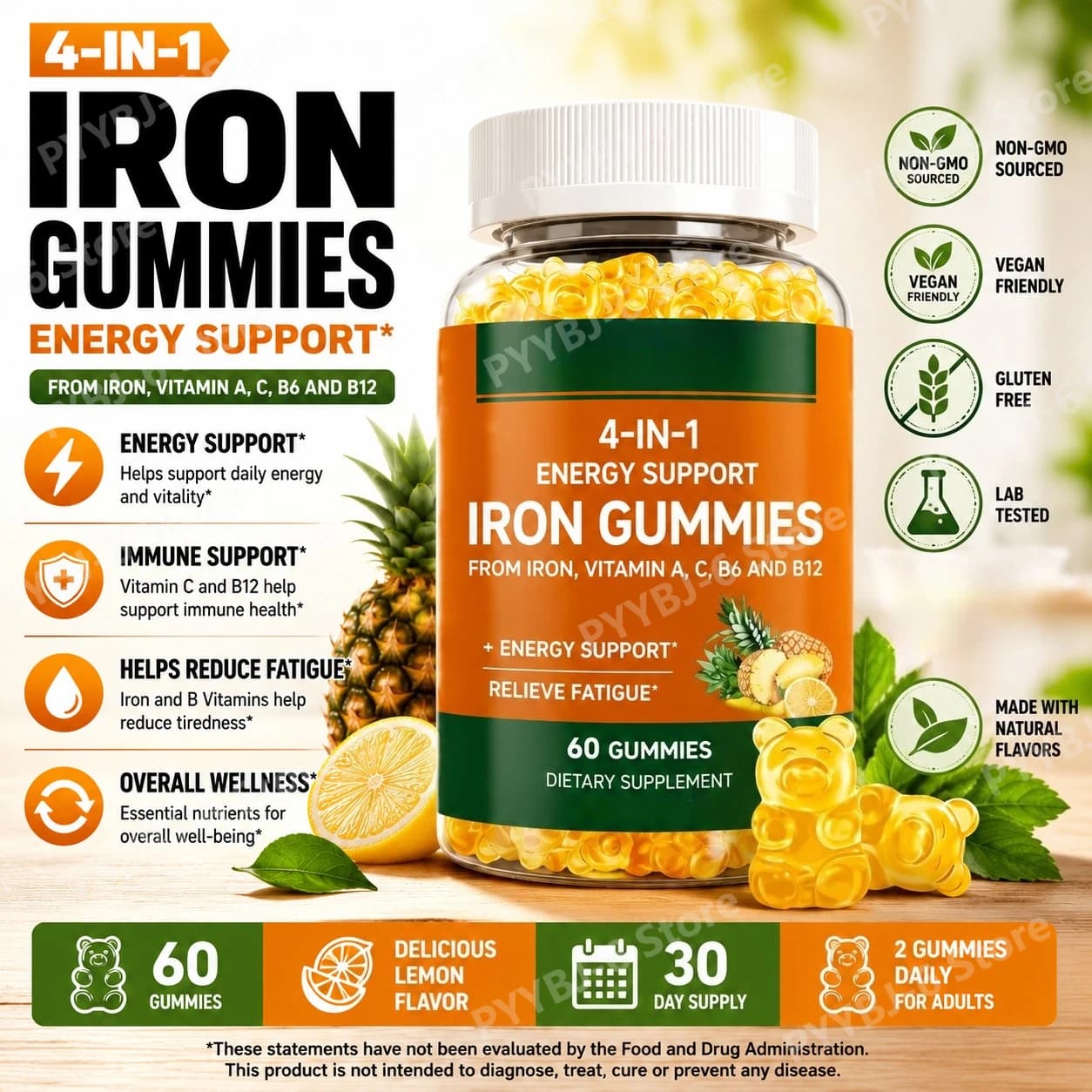 Gommose al ferro con vitamine A, C, D3, B12 per adulti, supporto energetico e immunitario, senza OGM, gusto limone, integratore alimentare, 60 gommose