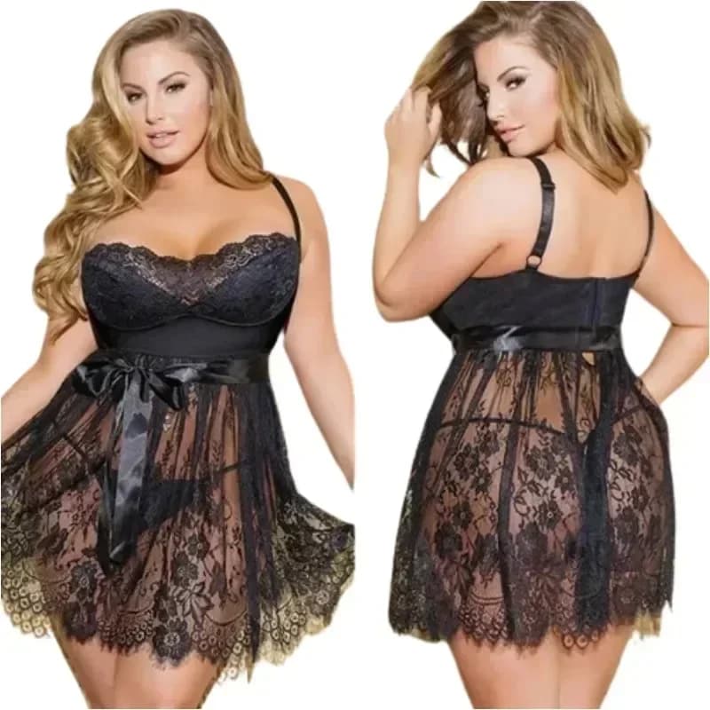 5XL Plus Size Donna Lingerie sexy Babydoll erotico Intimo in pizzo Abito trasparente con mutandine Set Costumi porno Indumenti da notte
