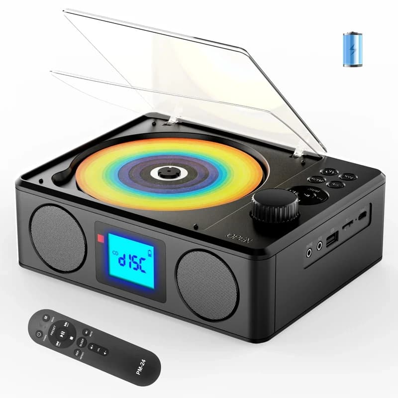 Lettore CD portatile con Bluetooth, altoparlanti per lettore CD da tavolo ricaricabili, radio FM, telecomando, pa