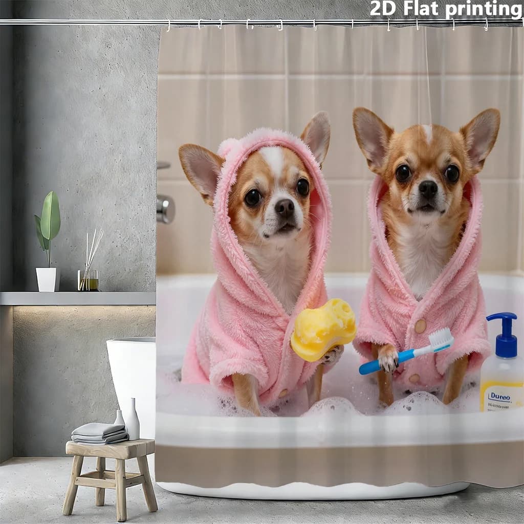 Tenda da doccia con scena di bagno di Chihuahua, 1 pz, in poliestere, stampa piatta 2D, 70.8x70.8 pollici, con fondale a bolle rosa e occhielli, per bagno