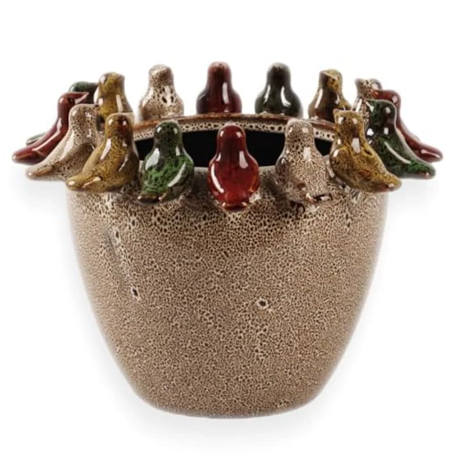 Vaso per Piante da 10,4 Pollici, Fioriera in Ceramica con Foro di Drenaggio e Tappo in Silicone, Vaso con Uccelli in Ceramica sul Bordo, Smalto Reattivo
