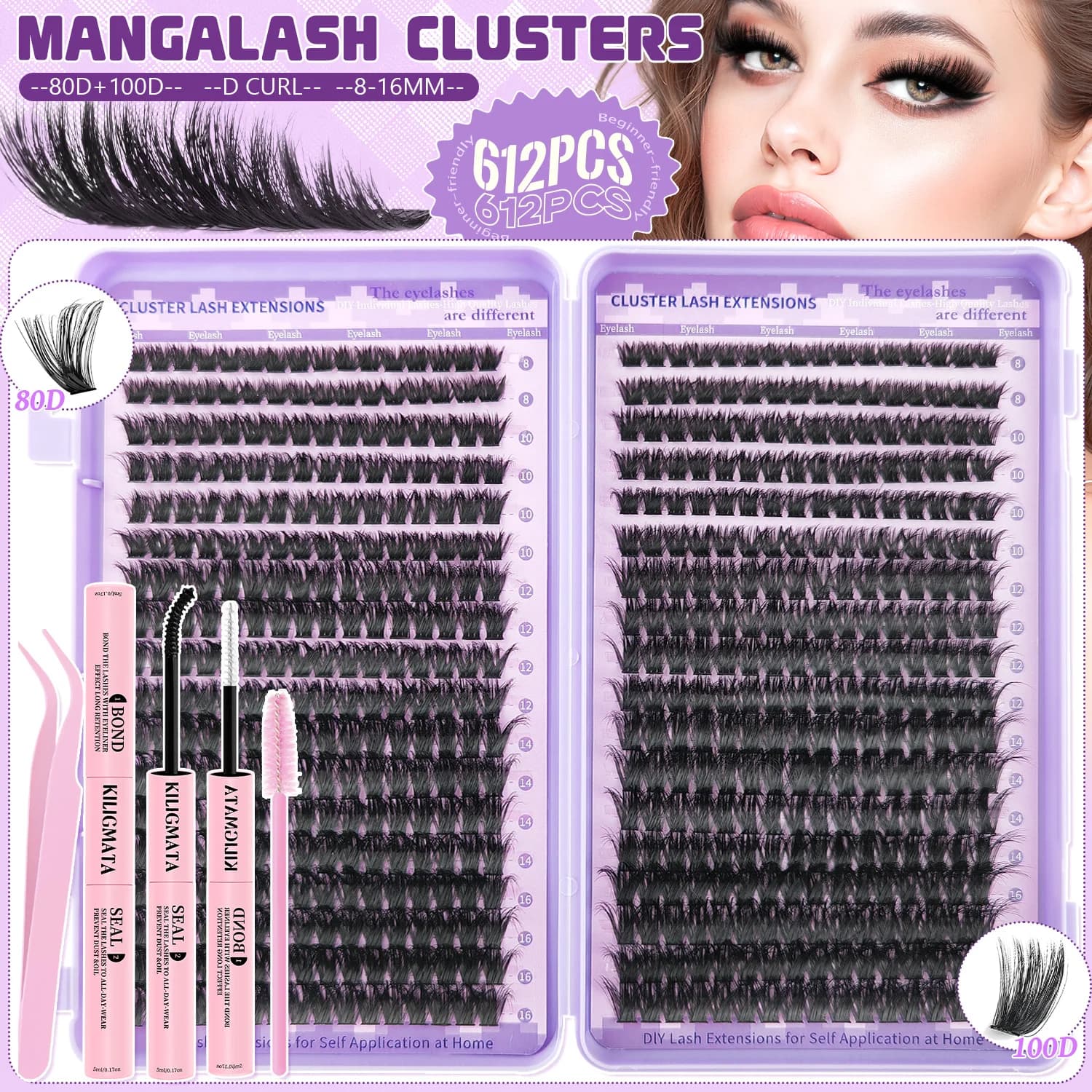 Kit per Extension Ciglia Fai da Te, Ciglia a Ciuffetti Individuali 80D/100D D Curl con Adesivo e Sigillante per Ciglia 48H+, Ciglia Finte Voluminose e Spesse